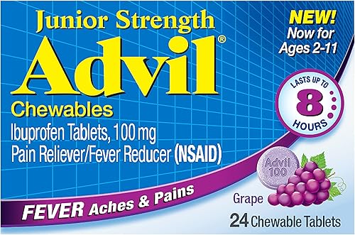 Vista 12 de Advil Junior Strength - Analgésico masticable de ibuprofeno y reductor de fiebre, ibuprofeno infantil para aliviar el dolor, uva, 24 tabletas