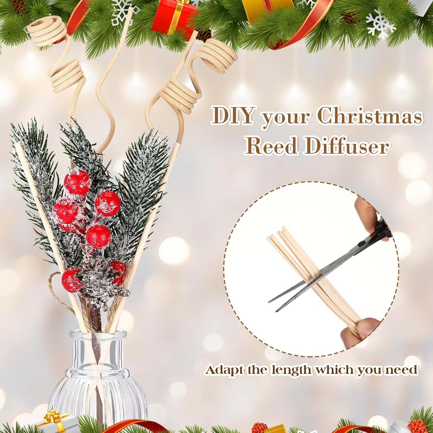 Qinyoung 12 Sets Christmas Reed Diffuser Bottles Empty Essential Oil Glass Diffuser Bottles with Stoppers, Reed Sticks, Artificial Pine Cone Picks Stems for Christmas Decorations and Party Favors