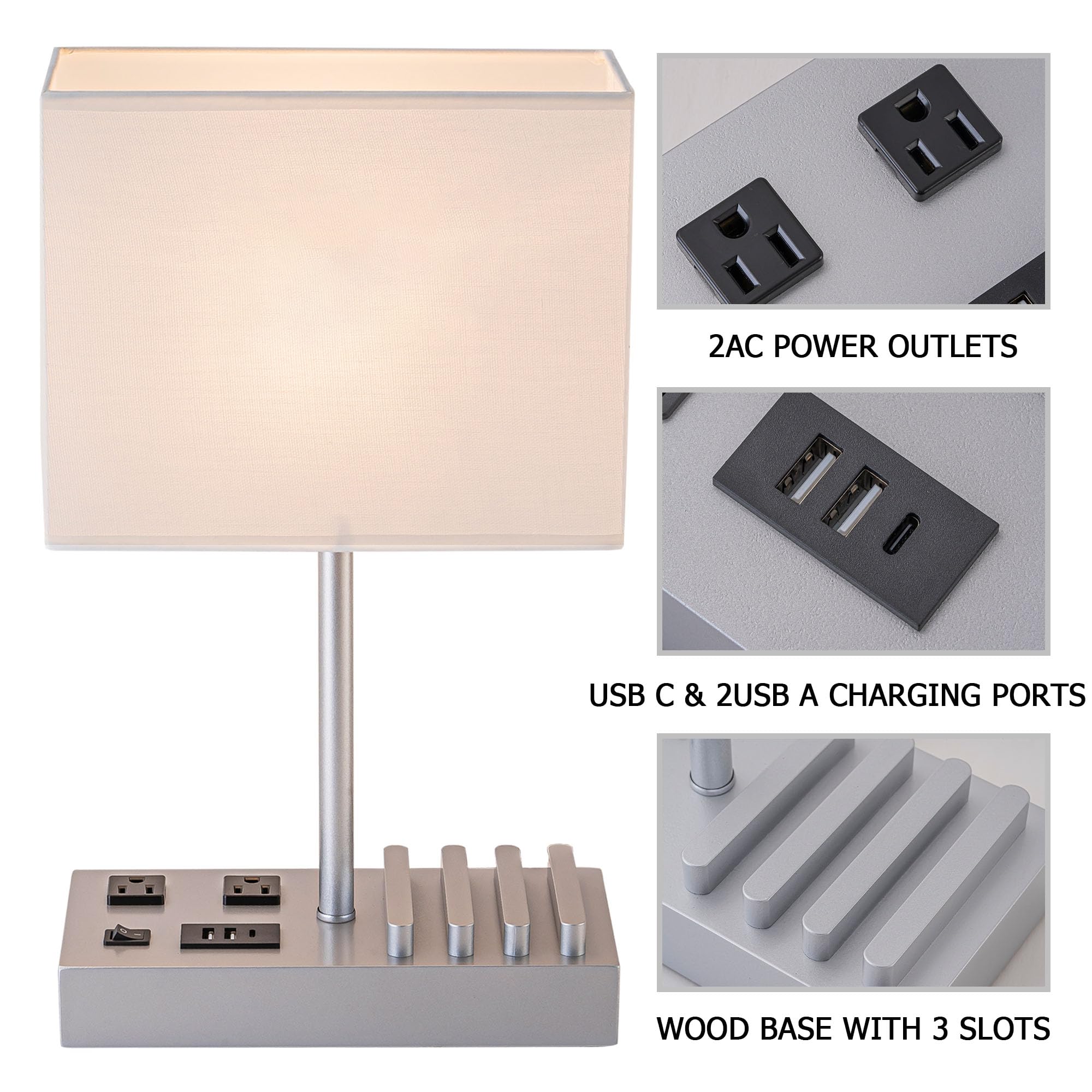 Dreamholder Desk Lamp with 3 USB Charging Ports, Table Lamp with 2AC Outlets and 3 Phone Stands, Nightstand Bedside Lamp with Natural Wooden Base and Cream Linen Shade: Silver Wood Base