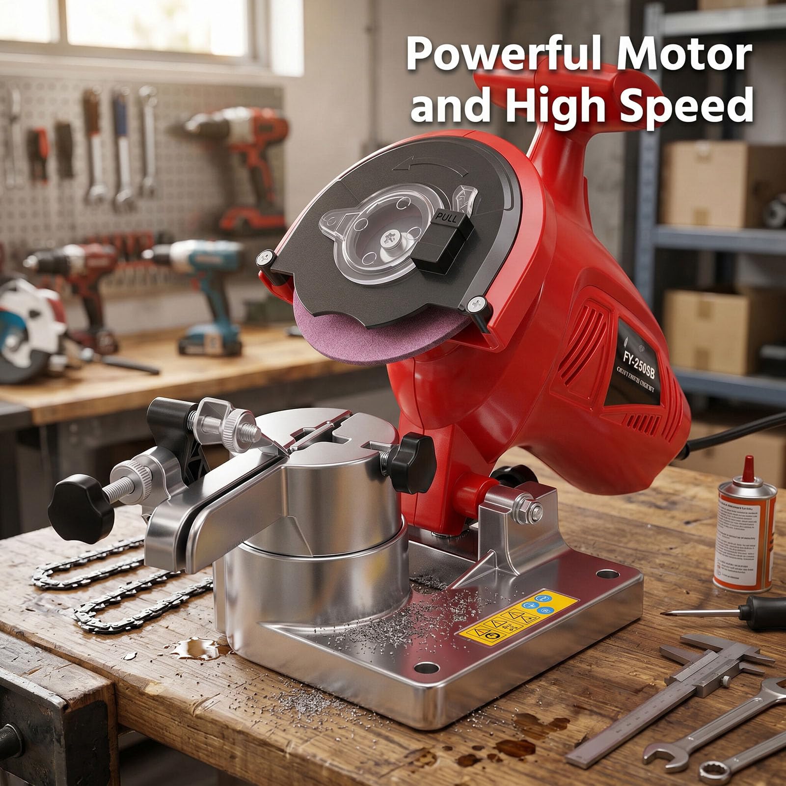 Fafeicy Amoladora de Motosierra 250W 8400RPM 3 Ruedas Ángulo Ajustable de 1/4 a 3/8 pulg., con Empuñadura Antideslizante y Protector contra Chispas (Enchufe de la UE) | Afilador de motosierra eléctrico Amoladora de motosierra de 250 W con 3 muelas abrasiv