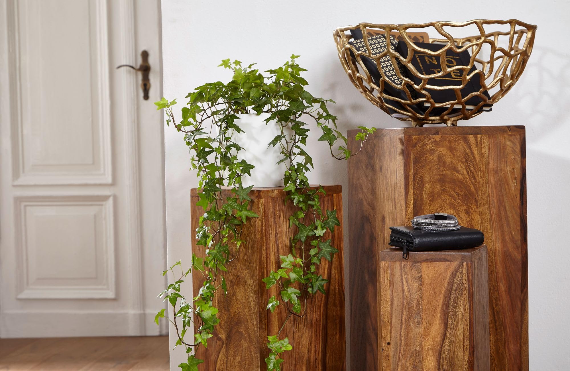 FineBuy Beistelltisch 3er Set Sheesham Massivholz, Säulentisch