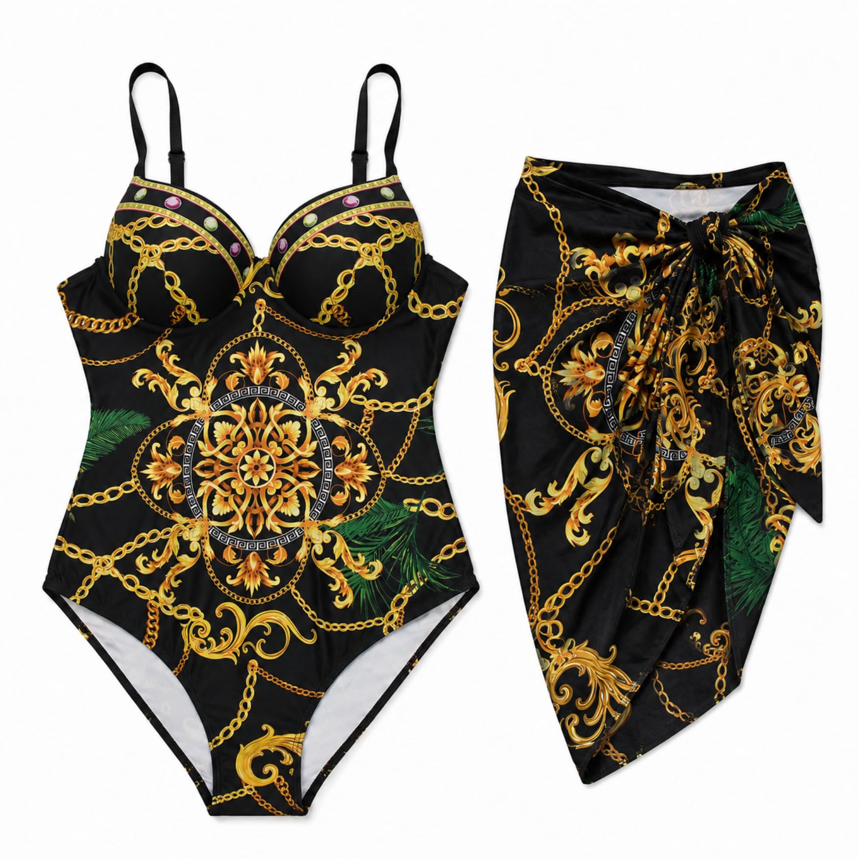 Women's One-Piece Swimsuit with Attached Sarong, Baroque Print Bathing Suit, Padded Cups, Adjustable Straps, Resort Wear Beach Swimwear-picture-36