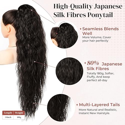 Miniatura 2 de LONAI DP001 - Extensión de cola de caballo de 34 pulgadas de largo, ondulado, con cordón, más suave, más ligero, 80% de importación japonesa,