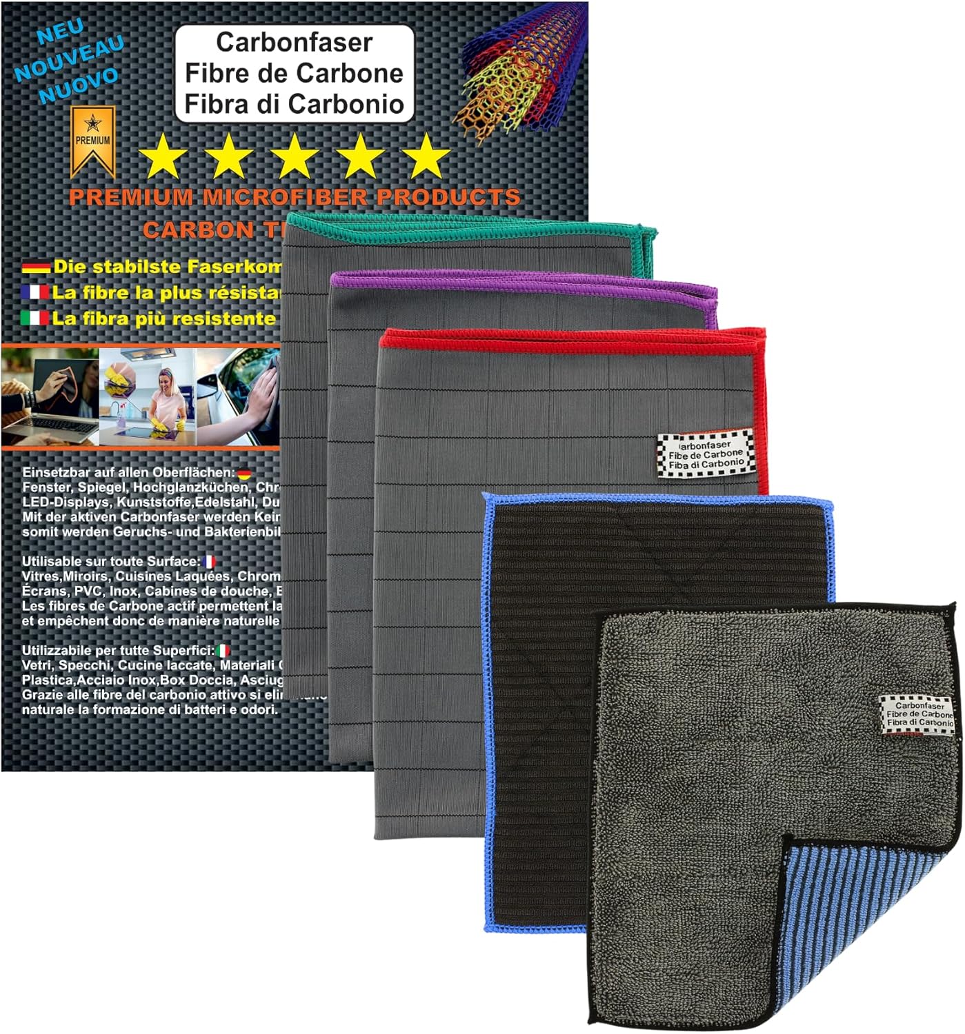 5X Lingettes Microfibres de Carbone 410 GSM - Chiffons Magiques Réutilisables Sans Trace et Anti Rayures