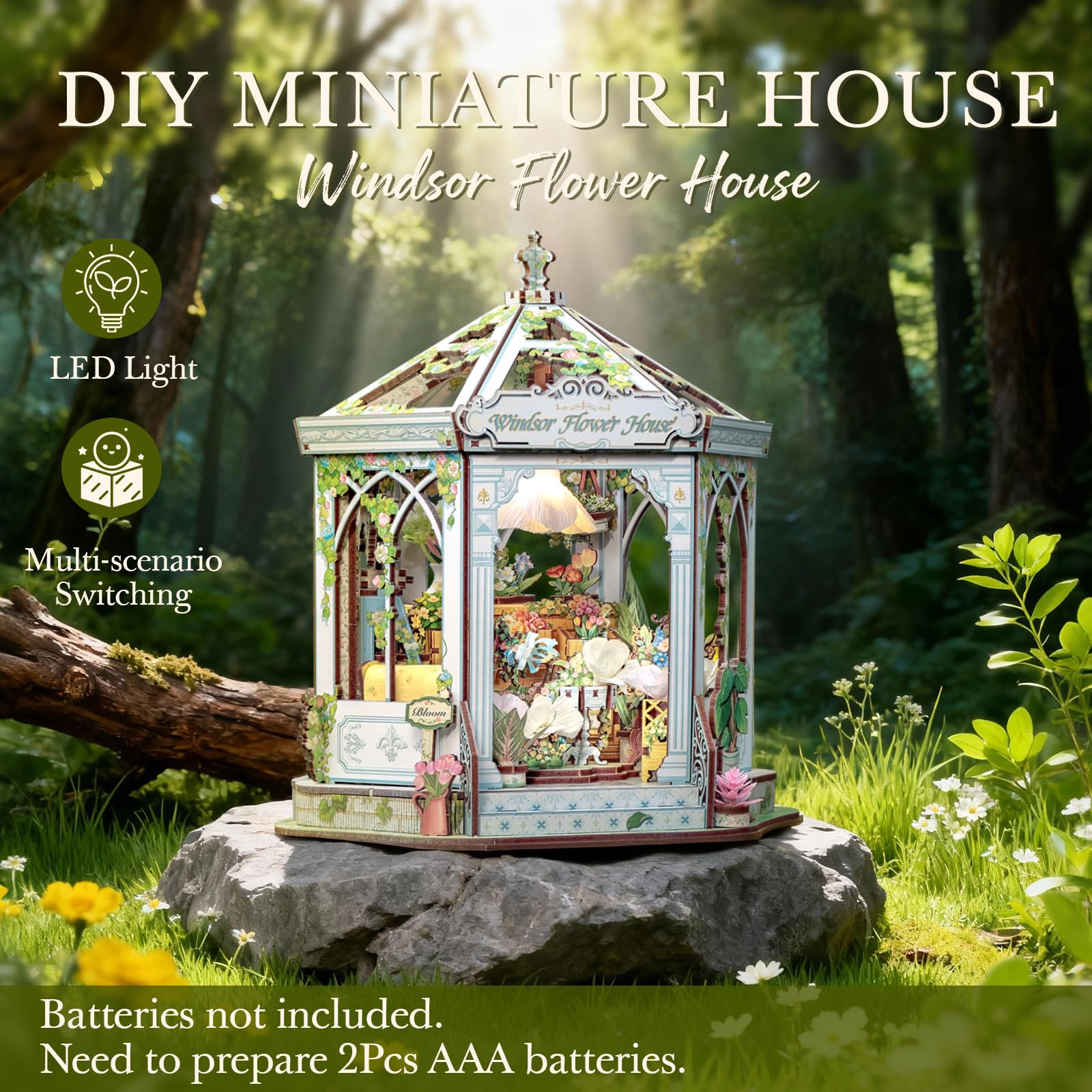 Cutefun DIY Miniature House - Casa delle bambole in legno - Libreria booknook in miniatura per casa delle bambole, con luci a LED decorazione per libreria, The for the lady (Windsor Flower House)