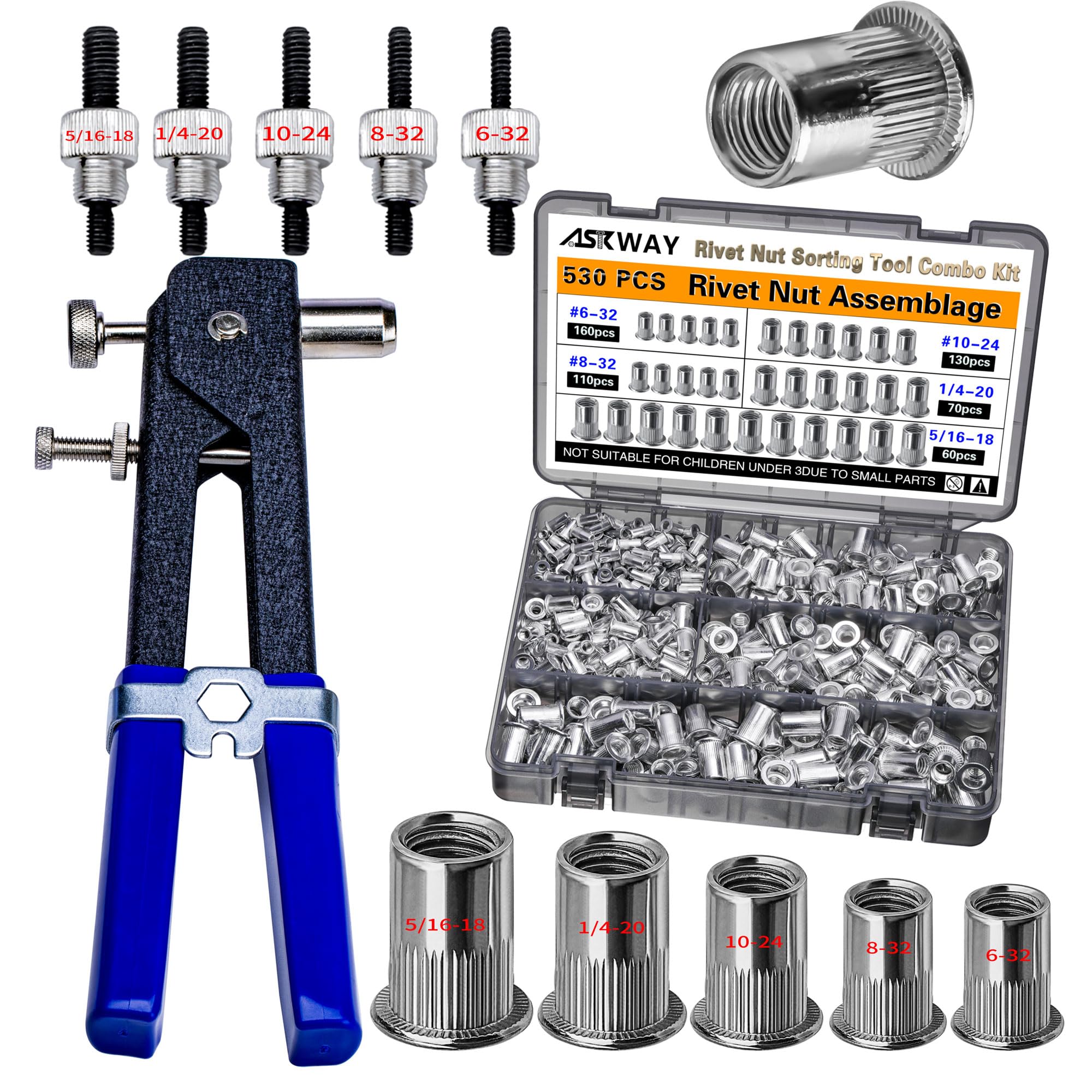 セット★ Rivet Wars AskWay 530pcs Aluminum Rivet Nut Tool Kit, 5/16-18, 1/4-20, 10-24