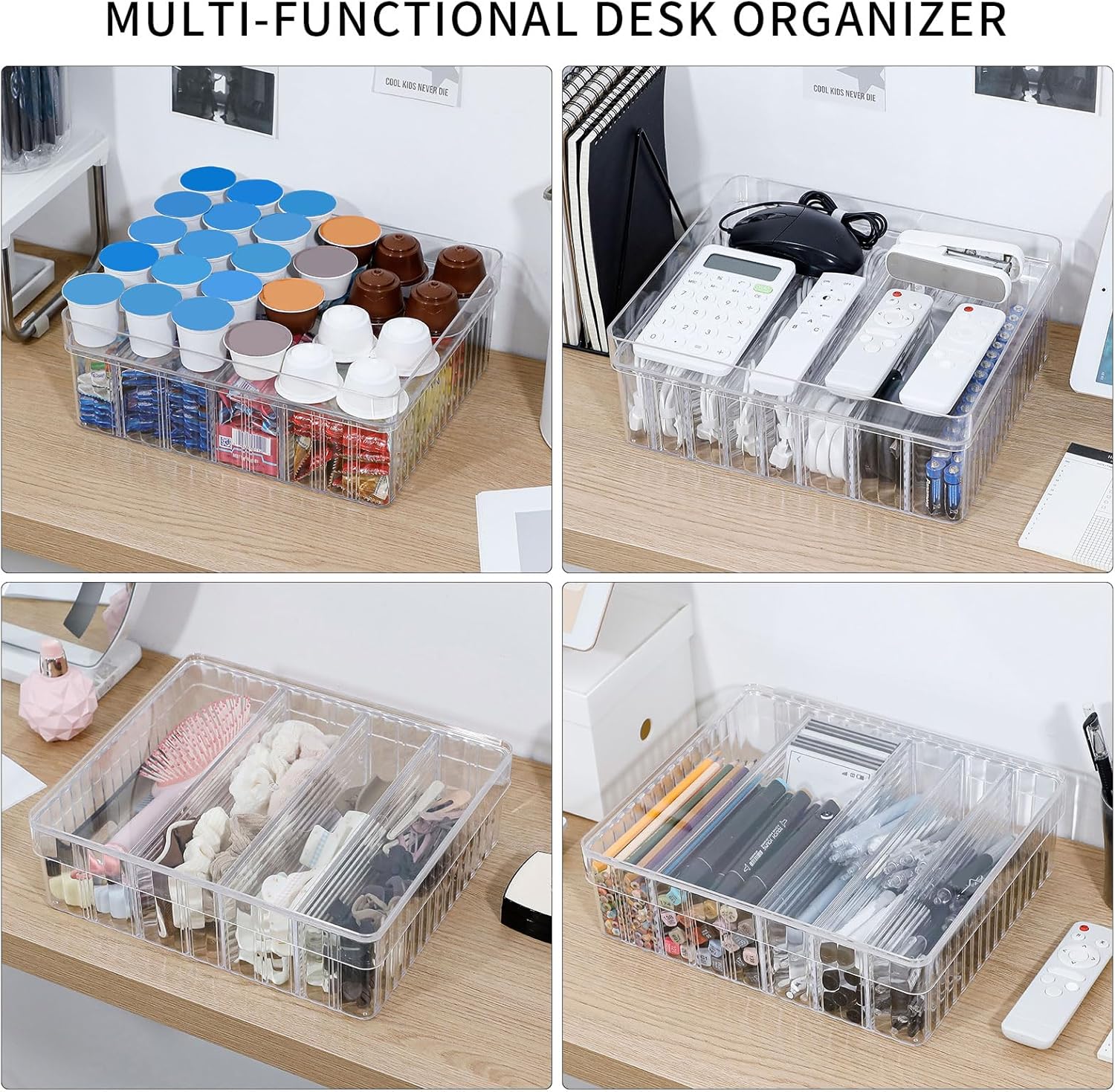 Large Cord Storage Box with Lid, Plastic Stackable Desk Drawer Organizer for Home Office Supplies, Phone Charger, USB Cable, Battery, Stationery, Art Crafts, Makeup, Pencil Holder
