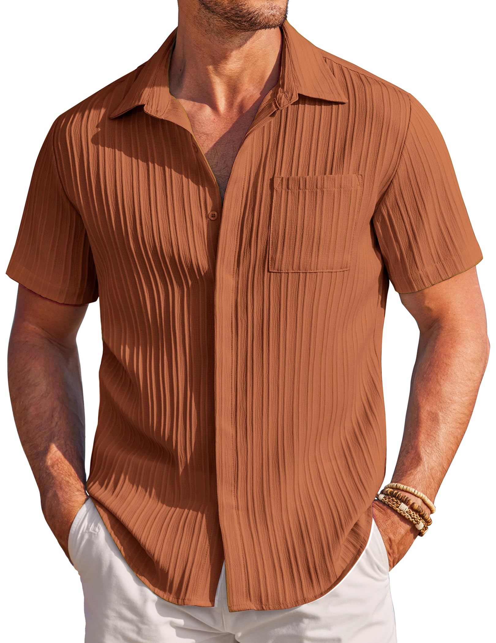 COOFANDY Men's Casual Textured Short Sleeve Button Down Summer Beach Shirt