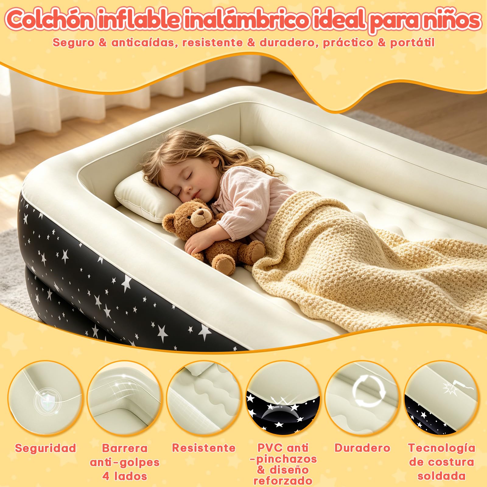 IEEILULU Colchón Hinchable con Bomba Eléctrica, Cama Inflable de Viaje para Niños Rápido Inflado y Desinflado, Portátil Cama de Aire con Almohada para el Hogar, Viajes y Camping (Negro)