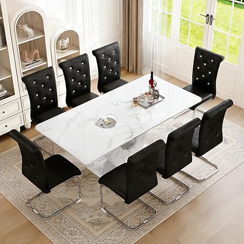 Miniatura 11 de Juego de mesa de comedor de mármol sintético para 6.71 pulgadas, juego de mesa de comedor moderno para 6 personas con mesa de vidrio y pedestal en 6