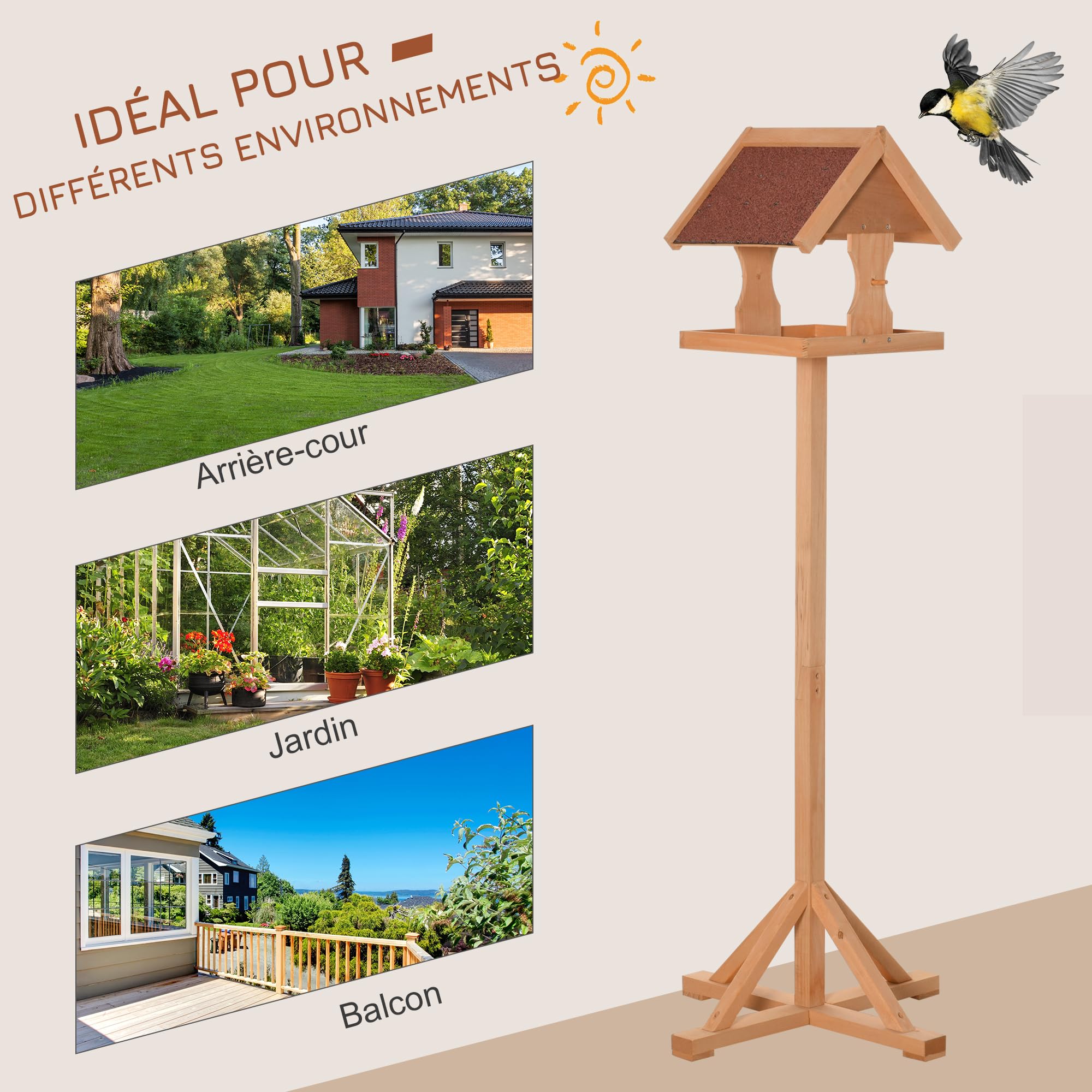 PawHut Mangeoire Oiseaux Extérieur sur Pied 55 x 55 x 144 cm Bois Naturel