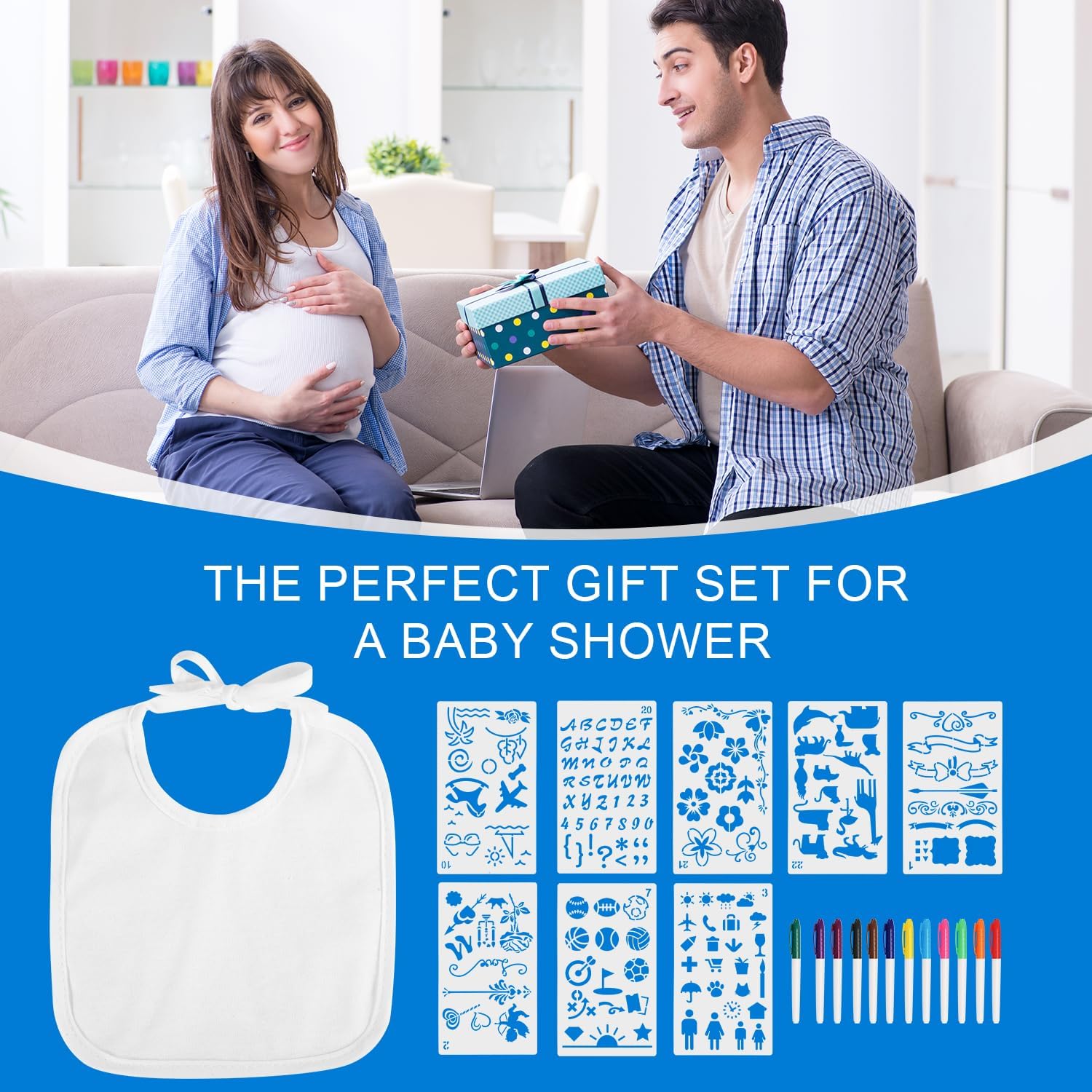 PEUTIER 24pcs DIY Baby Bib Decorating Kit, White Baby Bibs for Decorating with 12 Colorful Markers & 8 Stencils Feeder Bibs DIY for Baby Shower Party