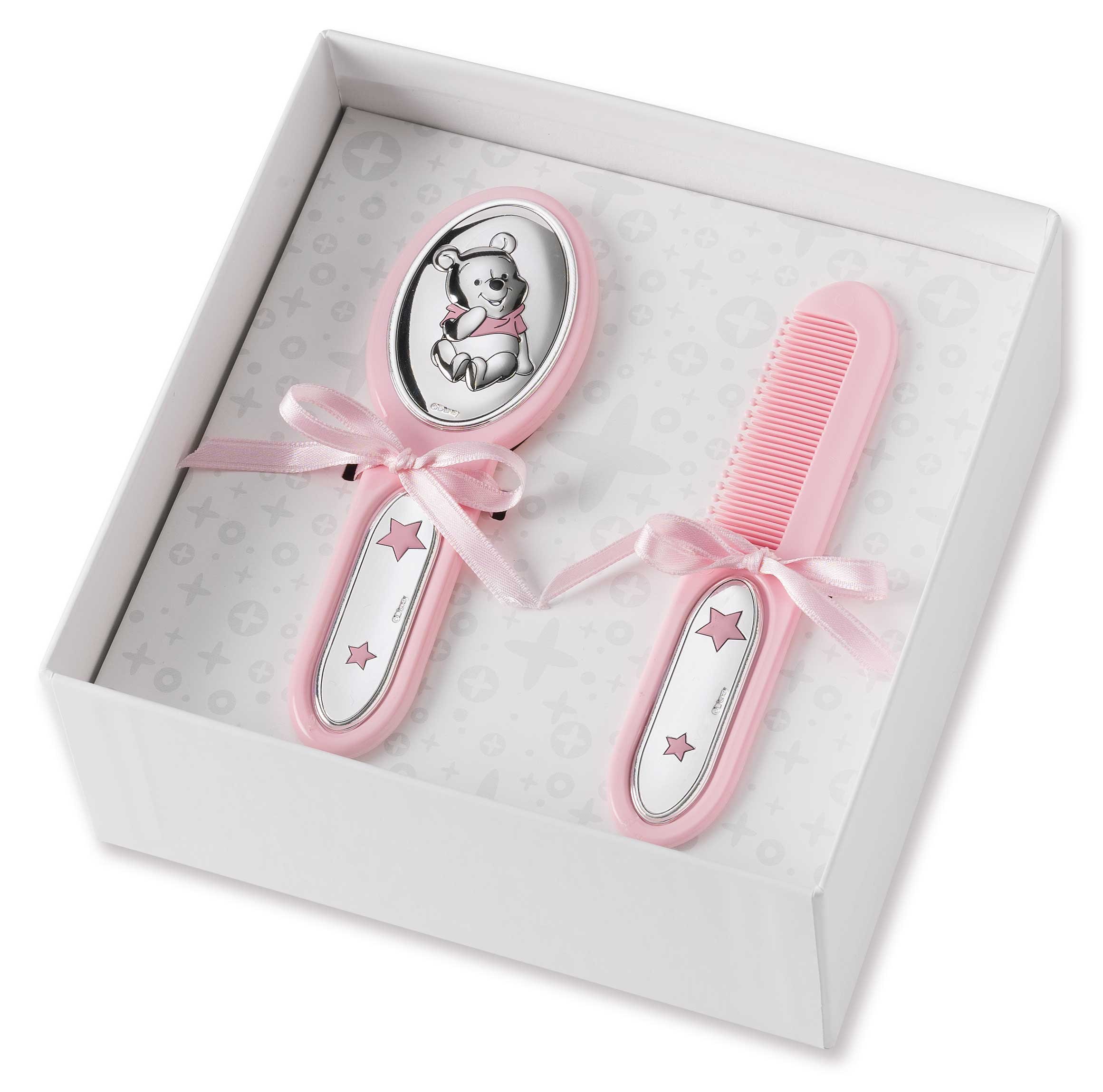 VALENTI & CO. Disney Baby Prima Infanzia - Set Box Regalo Con Spazzola Capelli E Pettine Indispensabile Tra Gli Accessori Neonato Con Finiture Winnie The Pooh In Argento, Rosa, Taglia Unica