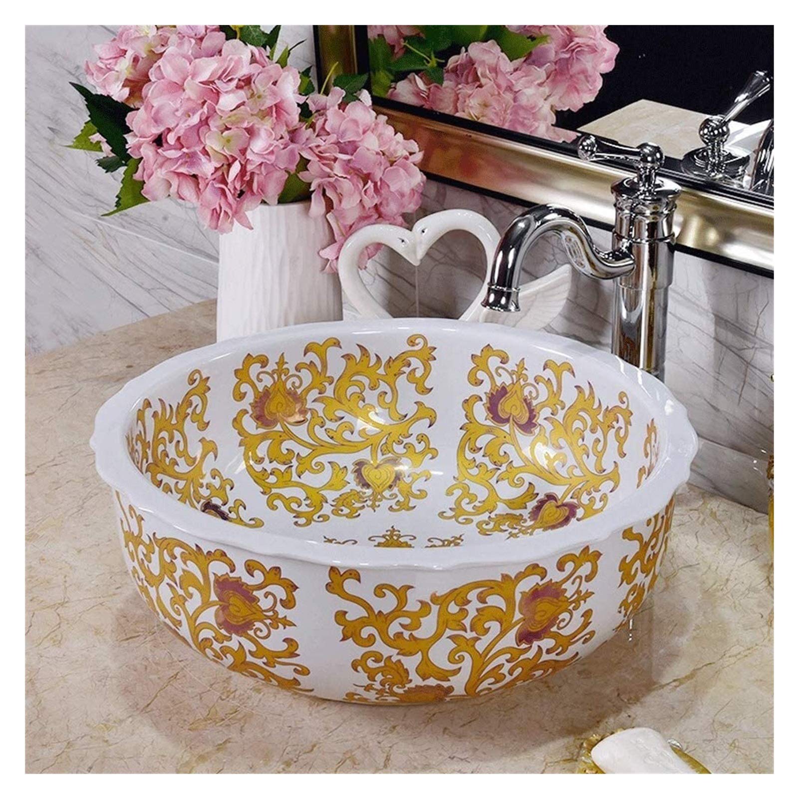 Szafka Pod Umywalkę Z Umywalką, Umywalka Łazienkowa, Umywalka Nablatowa, Ceramiczna Umywalka Łazienkowa W Stylu Vintage, Okrągła, Biała, Porcelanowa, Ręcznie Malowana