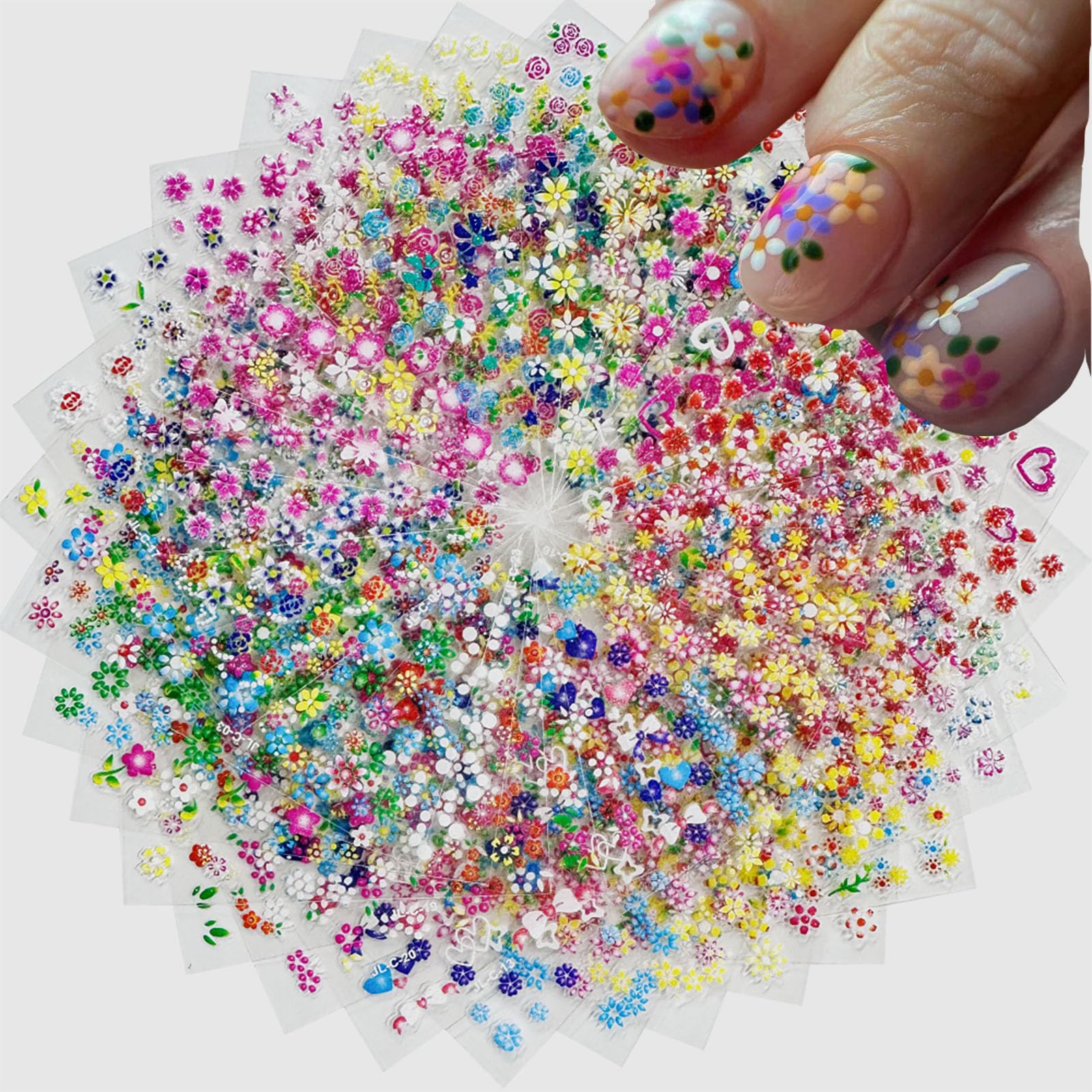 30 Sheets Flower Nail Stickers Colorful Daisy Nail Designs 3D Self-Adhesive Yellow Floral Decals Summer Leaf Bow Heart Nail Art Decoration for Women