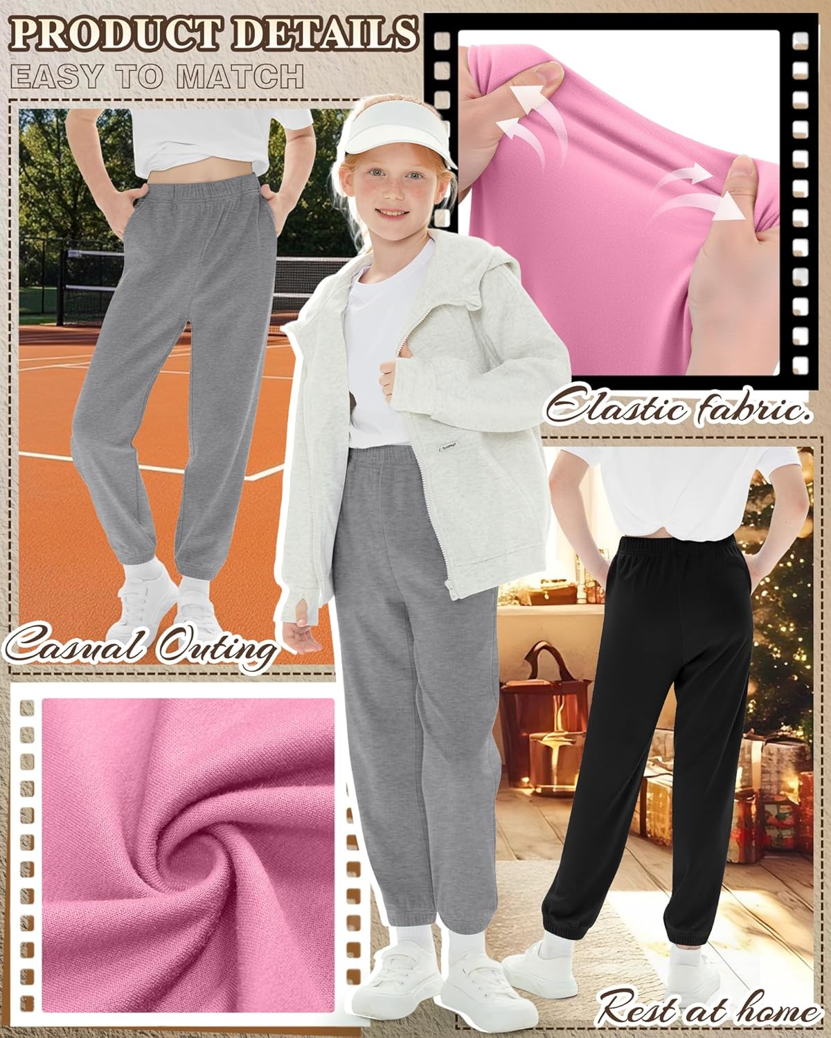 3 Pack Girls' Sweatpants Kids Elastic Waist Joggers Casual Athletic Pull on Teen Sweat Pants with Pockets