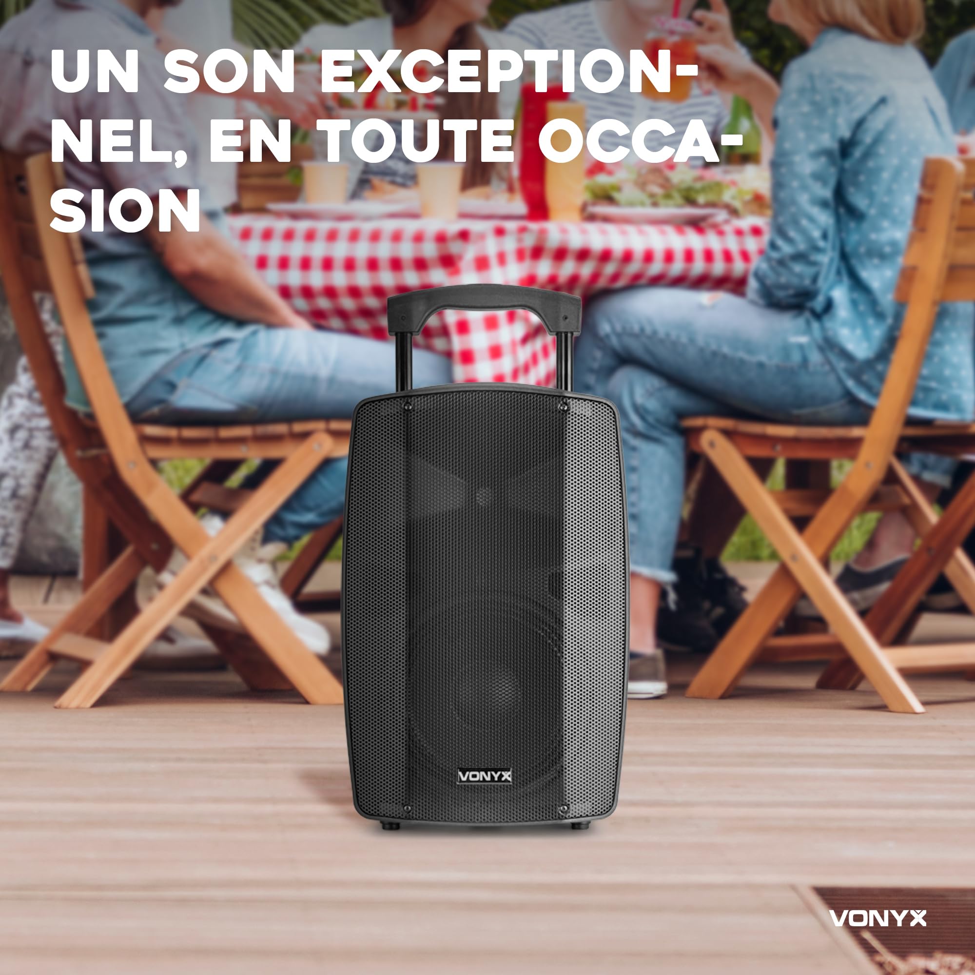 Vonyx VSP200 Enceinte Sono Portable 200 Watts, Enceinte Active Bi-Amplifiée, 2 Micros sans Fil, Poignées et roulettes de Transport, Idéale pour Vos Événements Pro, Karaoké, Fêtes en Extérieur