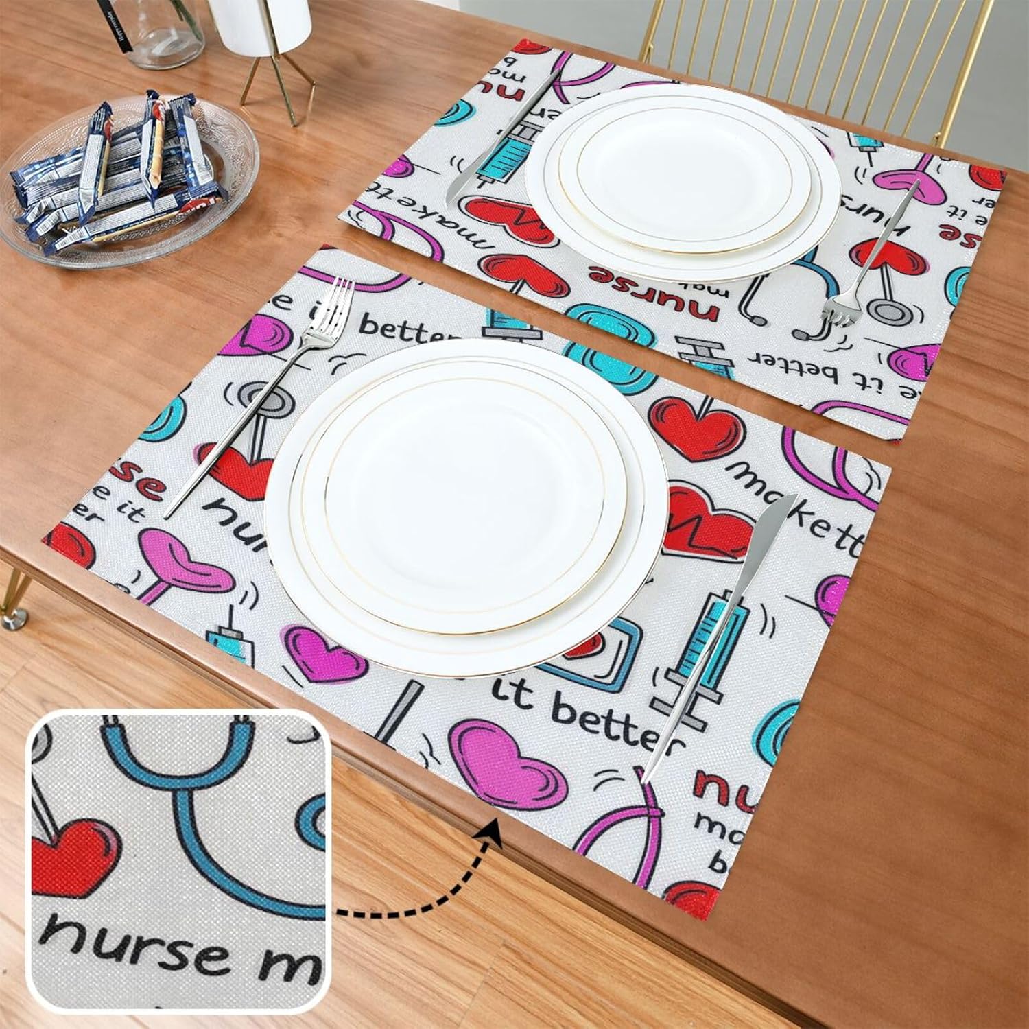 Custom Doctor Elements Cartoon Table Runner with placemats Heat Resistant Washable placemats Kids Set 6 12 x 18 tapetes para mesa