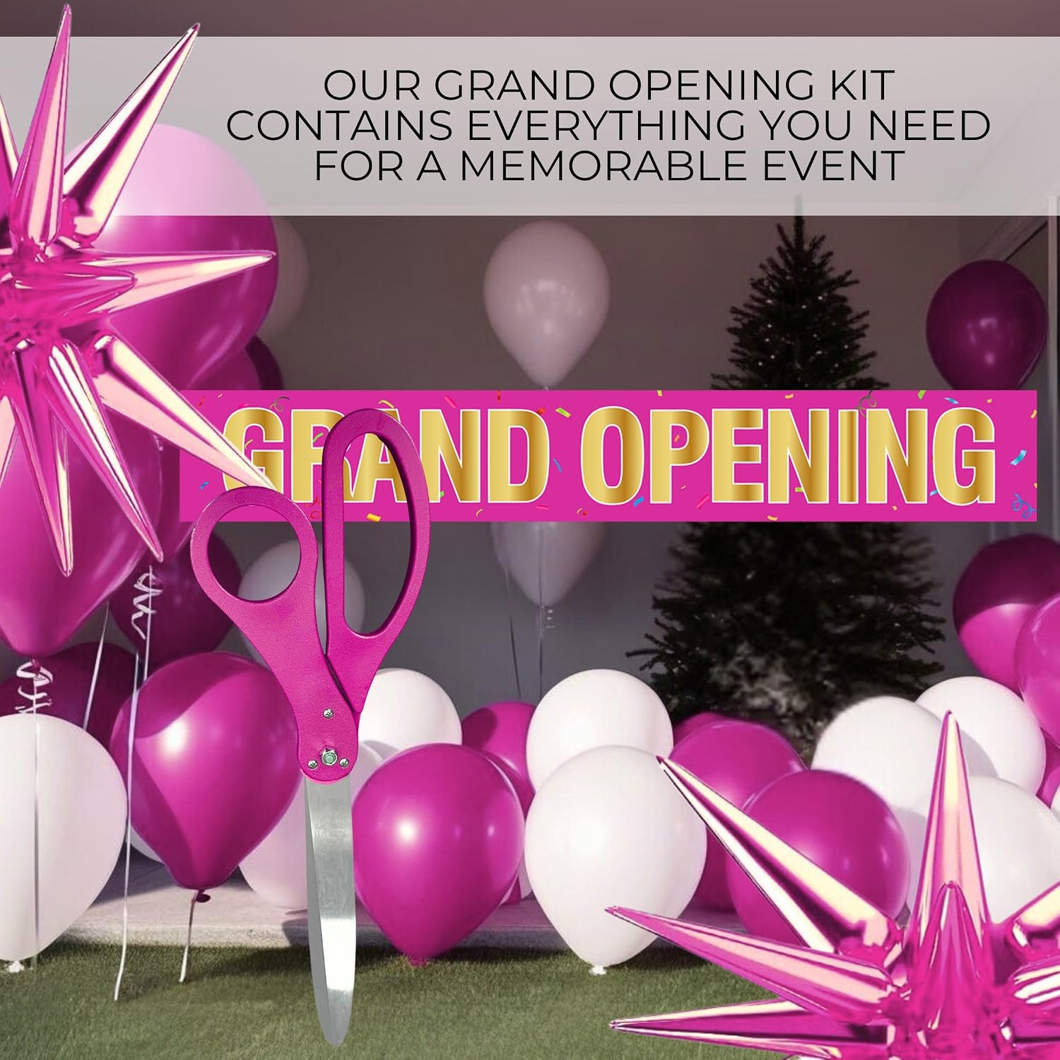 Pink Ribbon Cutting Ceremony Kit - 25 Inch Pink Scissors for Grand Opening Satin Ribbon Star Balloons and Grand Opening Banner for Inaugurations Special Events Ceremonies