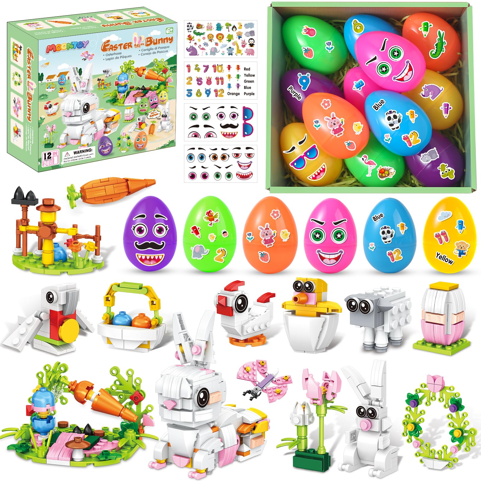 Easter Gifts Building Set for Kids, 12 Prefilled Easter Eggs with 12-in-2 Bunny Building Toys & 4 Stickers, DIY Easter Basket Stuffers for Boys Girls 6+, Includes Chick Sheep & Flower