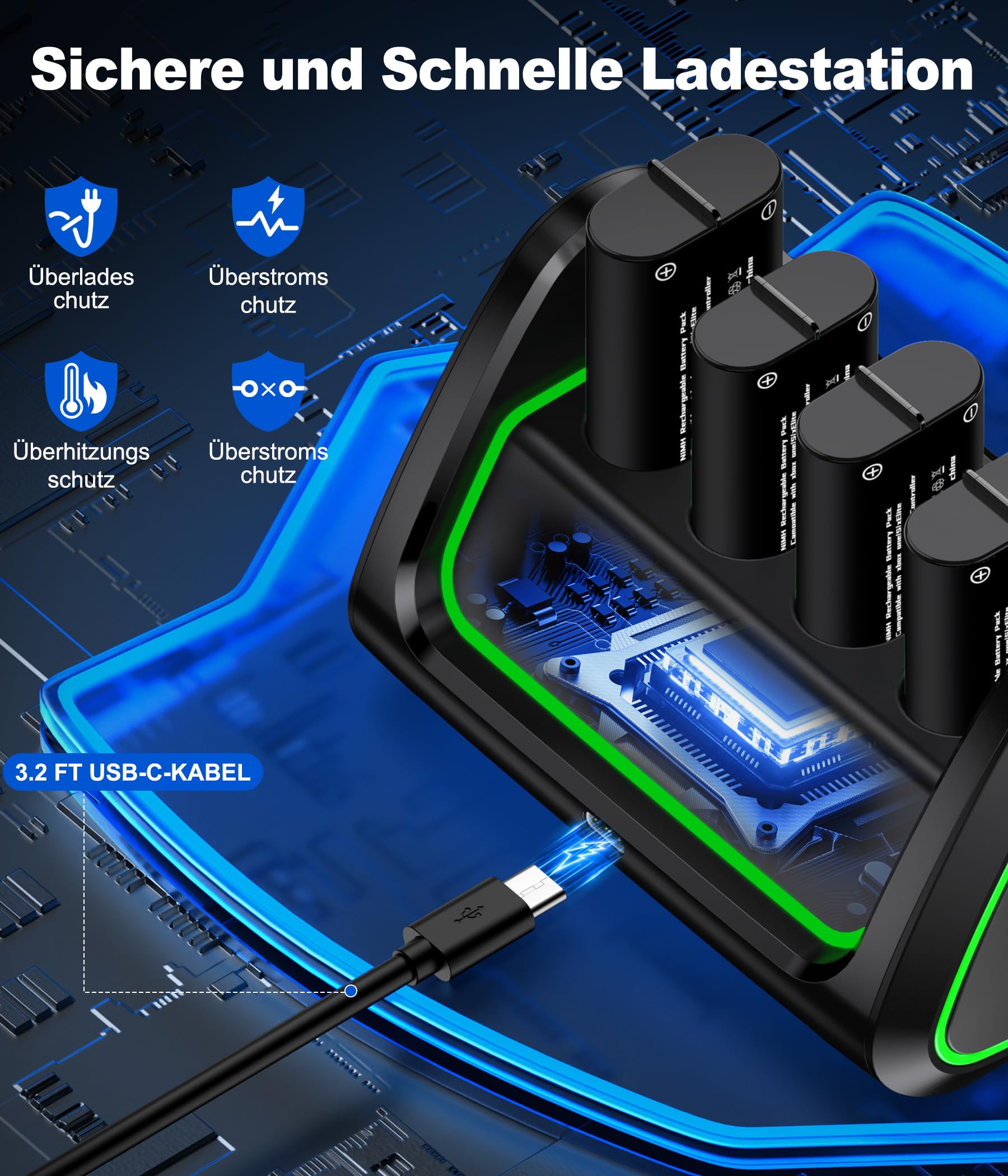 Batería para controlador de Xbox con 4 baterías recargables de 5220 mWh para Xbox One/Xbox Series X/S, batería para Xbox One, estación de carga con interruptor táctil y puerto de carga USB, paquete de