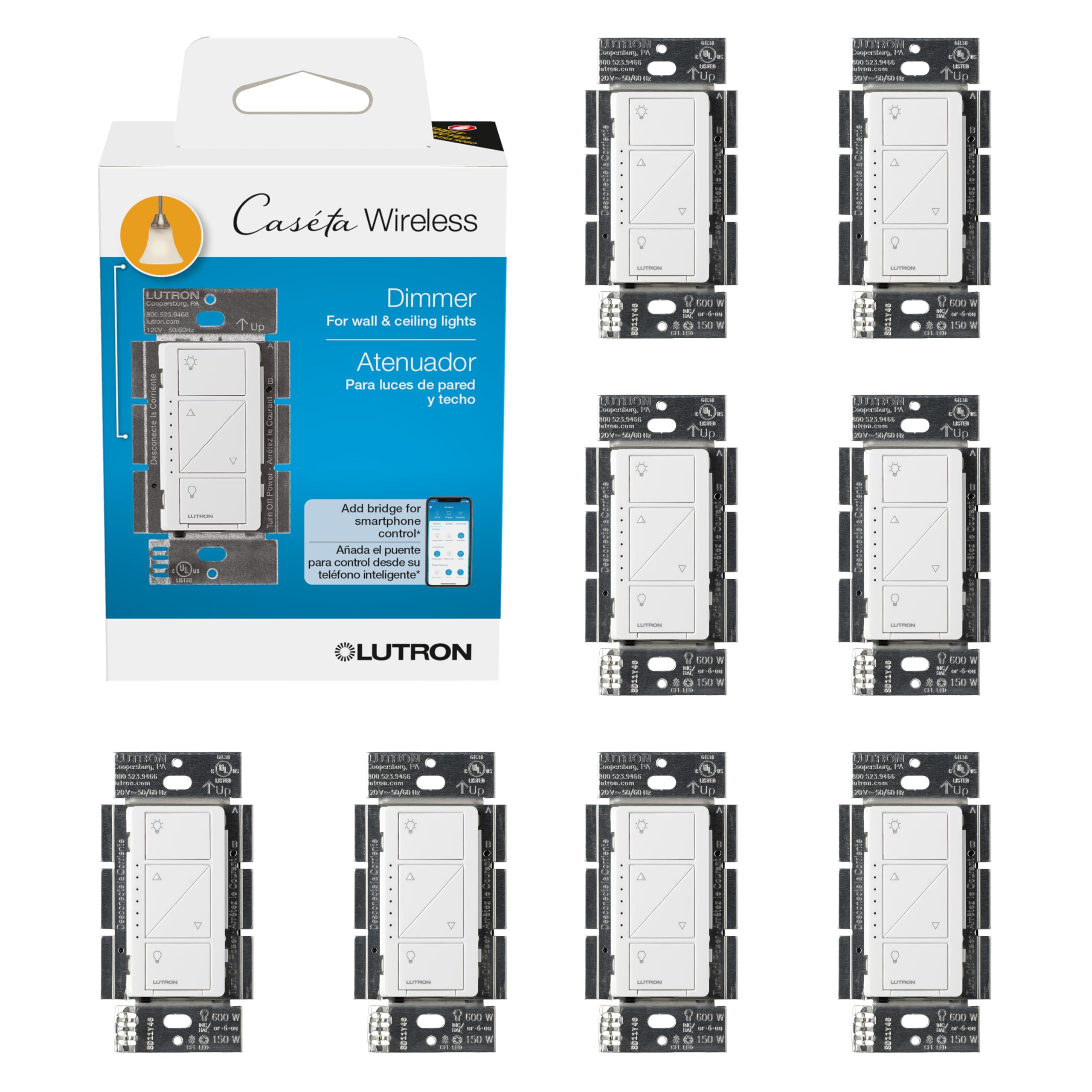 Lutron Caseta Original Smart Dimmer Switch (Lutron Smart Hub Required), for LED Lights, 150 Watt, Single-Pole/3-Way, No Neutral Required, PD-6WCL-WH, White, 8 Pack White 8 Pack Smart Dimmer