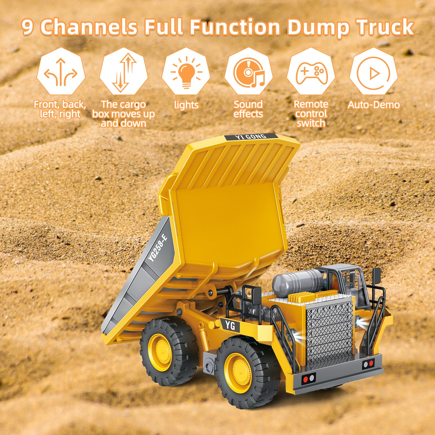 Bulldozer telecomandato, 9 canali, con luce e suono, giocattolo Bulldozer telecomandato da 2,4 GHz, adatto per ragazzi di età compresa tra 3 e 9 anni e oltre