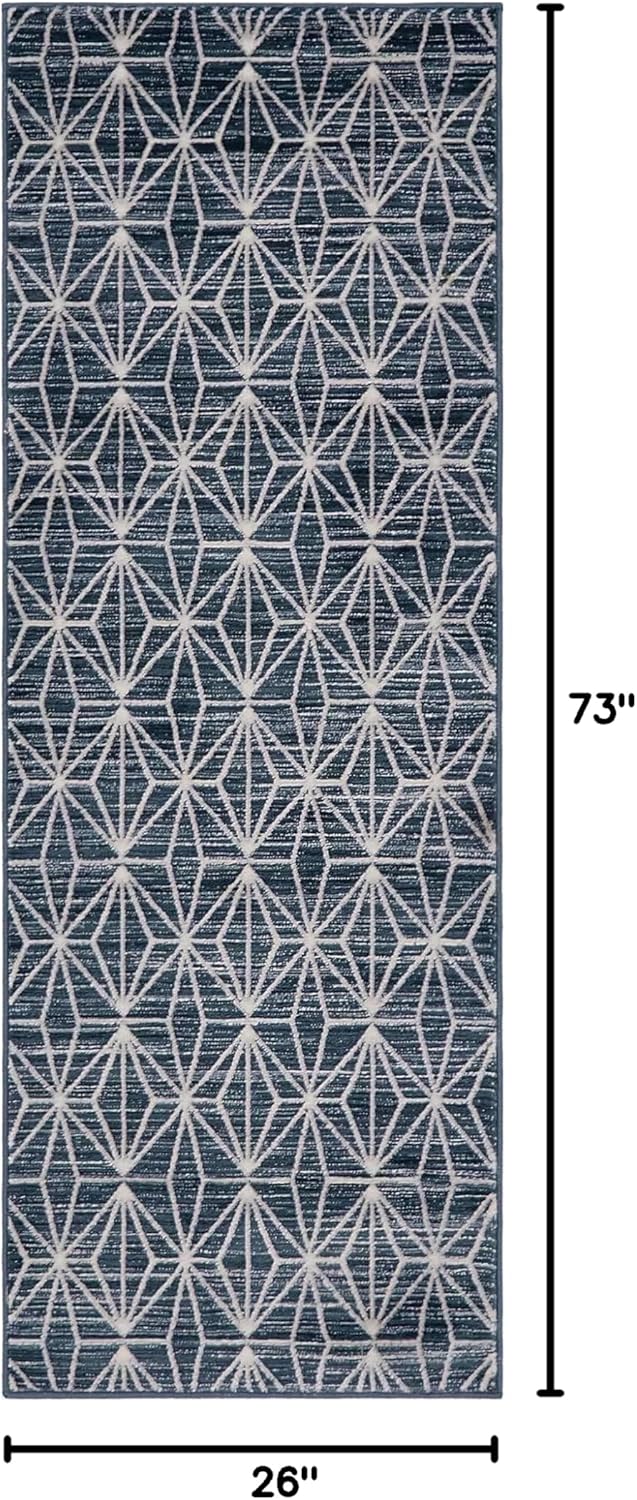 Navy Blue Geometric Indoor Runner Rug, Easy Care & Stain-resistant