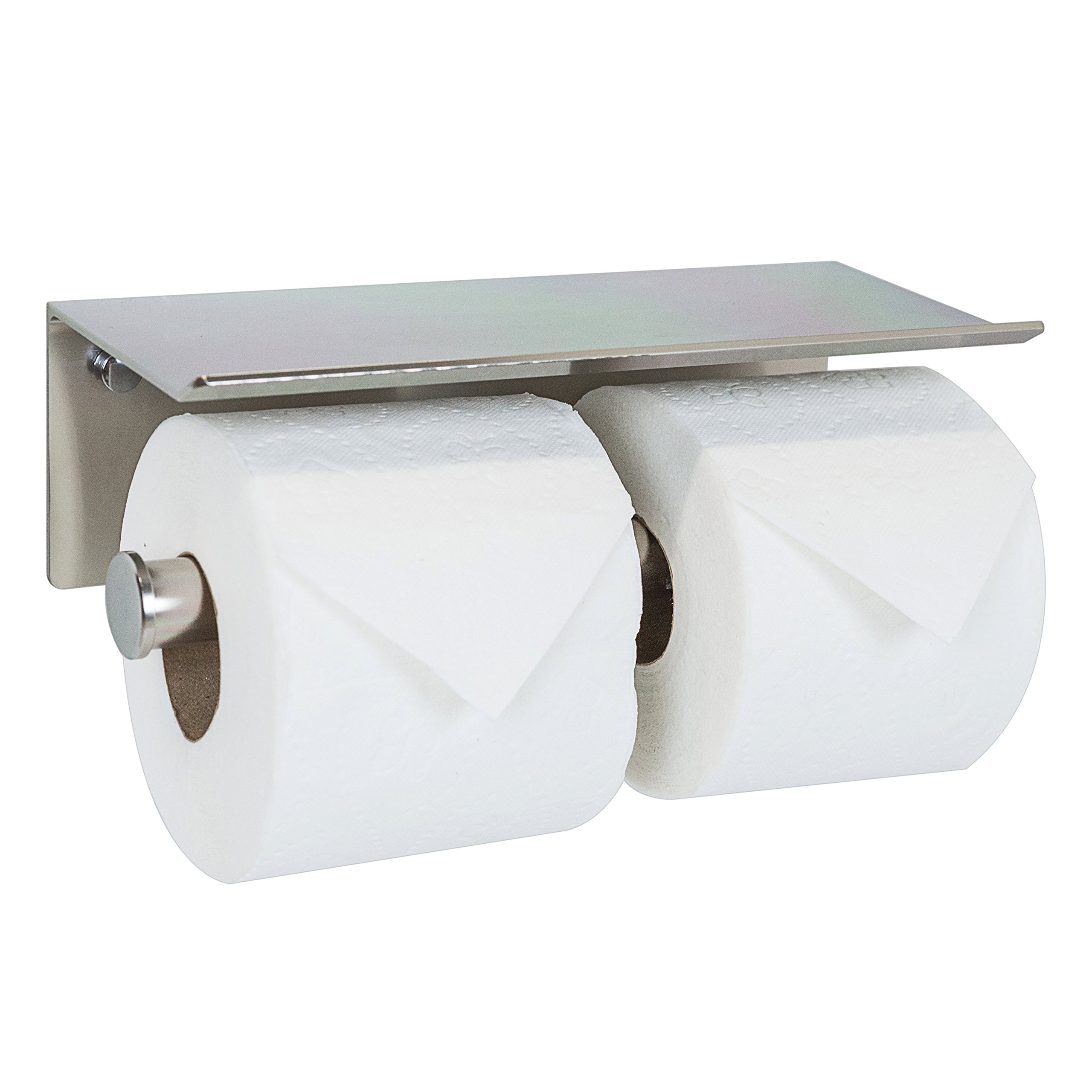 Neater Nest Adhesive Double Toilet Paper Holder with Phone Shelf, Supports Large Rolls, Modern Style (Brushed, 2-Roll)