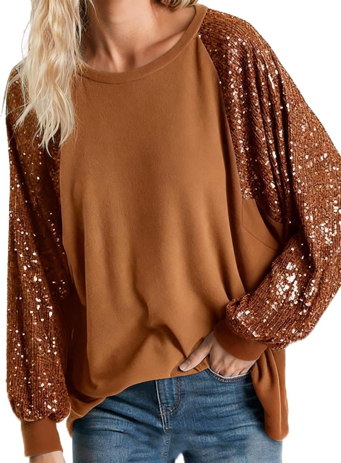 ALLTB Women's Sequin Tops Sparkle Long Sleeve Blouses Shimmer Glitter Sweatshirt Party Crewneck Loose Fit Shirts