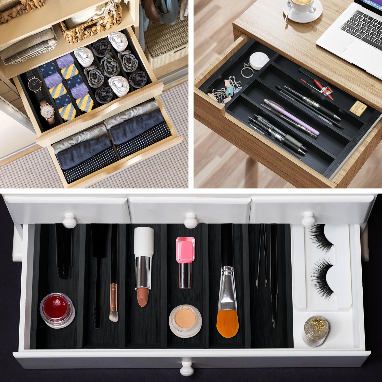 Ayiaren Organizador de cajones expandible, organizador de cubiertos de bambú grande, bandeja ajustable para cubiertos, de madera negra, divisor de cajones, organizador de utensilios de cocina,