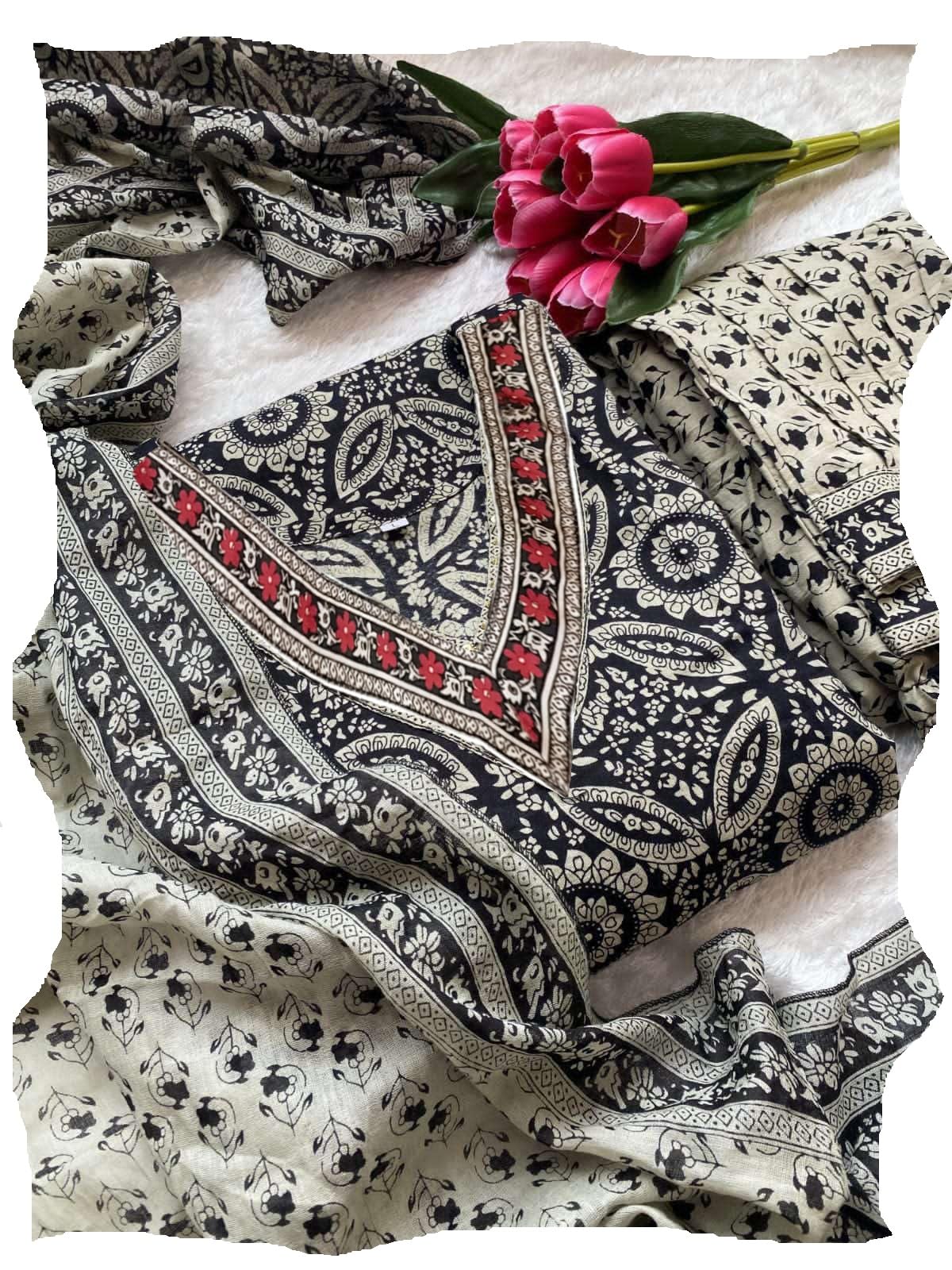 Pinkmint Women's Hevy Cotton Blend Black Kurta Set L Stitched Printed Dupatta Set L Stylish Women Festival Dress (Pack Of 1)