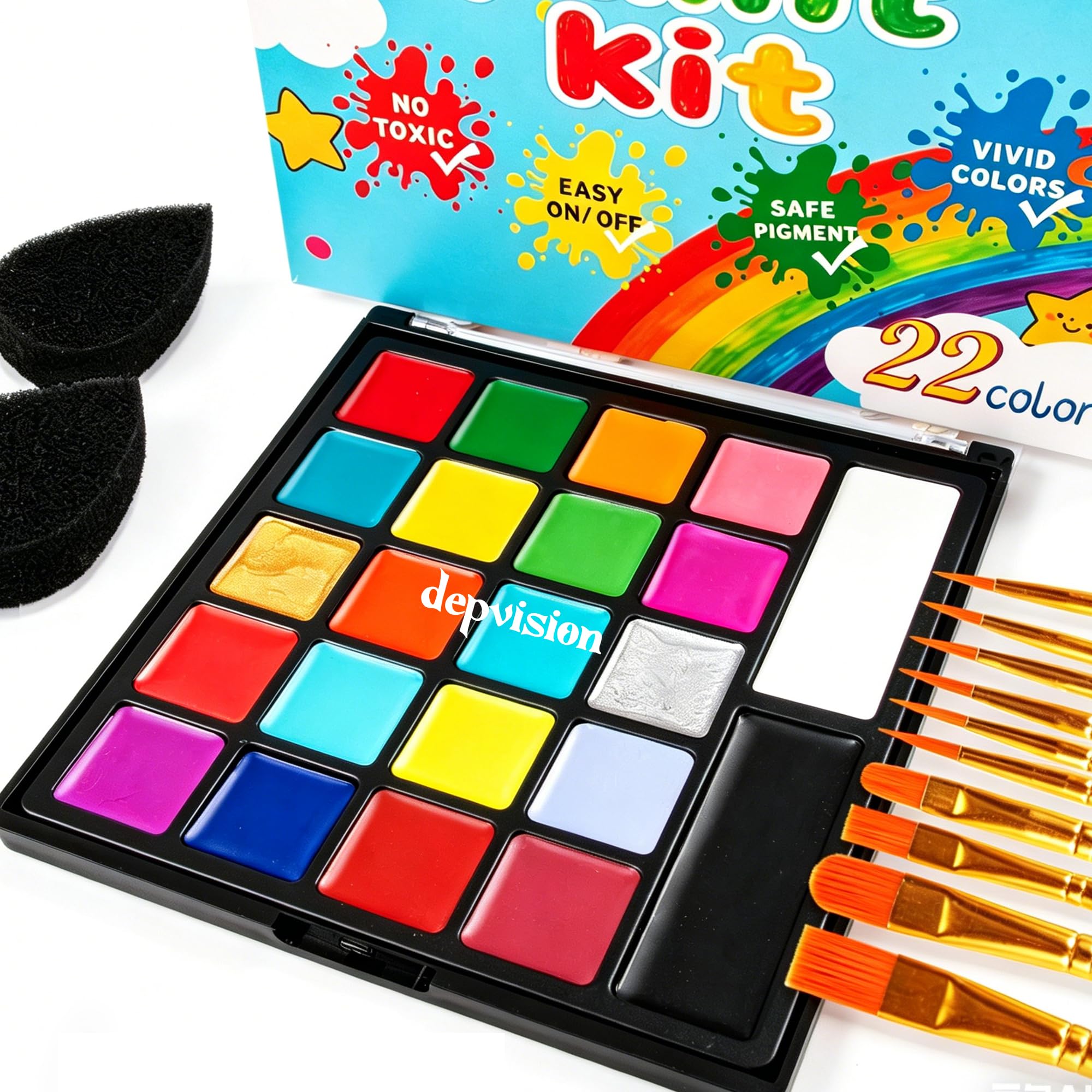Face Body Paint Kit, 22 Colors Face Painting Palette, Depvision Oil Based Face Paint Set Non Toxic Hypoallergenic, with 10 pcs Brushes, 2 pcs sponges Halloween SFX Cosplay Party Costume Makeup