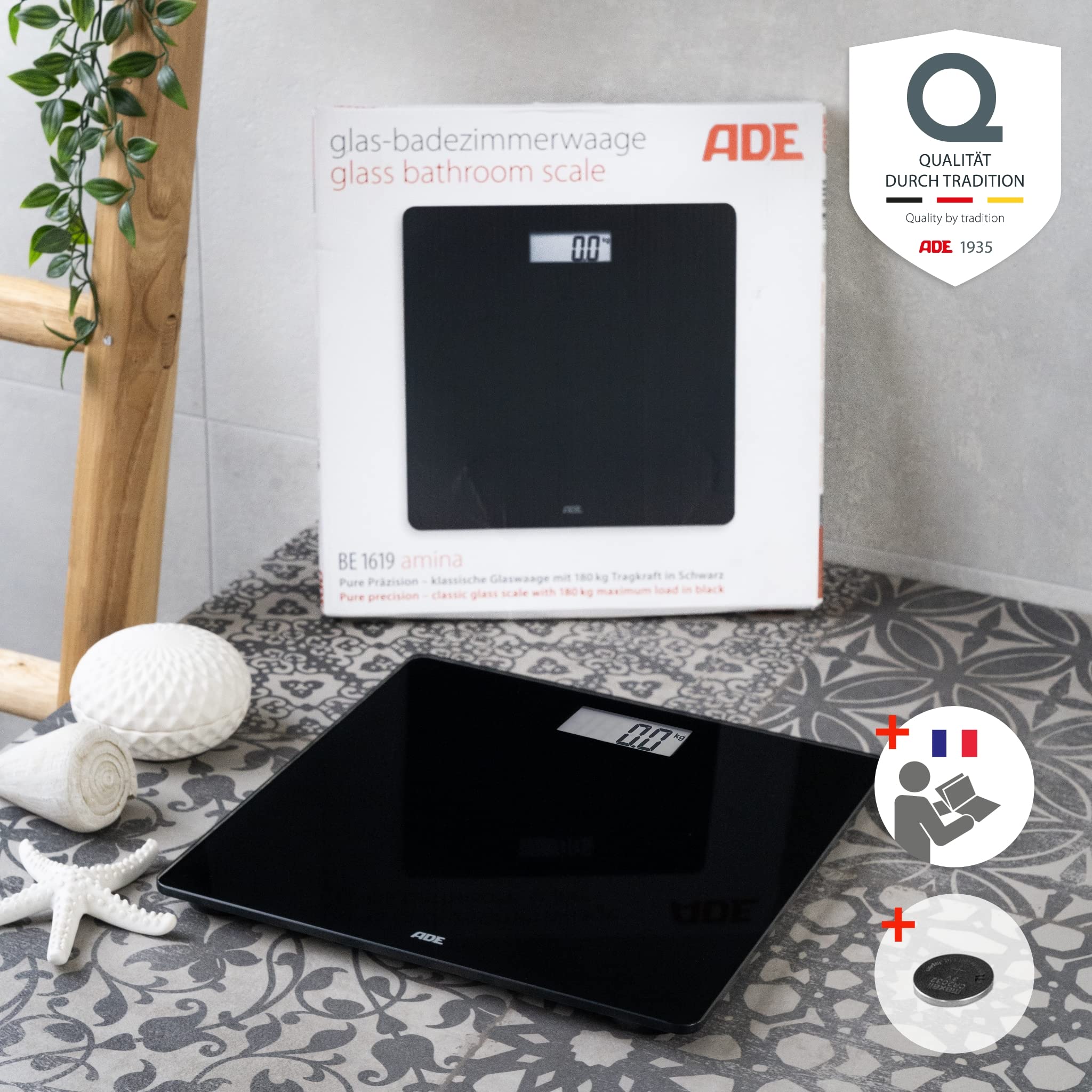 ADE Pèse-personne numérique en verre | seulement 2 cm de haut | balance personnelle sobre avec surface de pesée en verre de sécurité | résultats très précis | 180 kg | noir