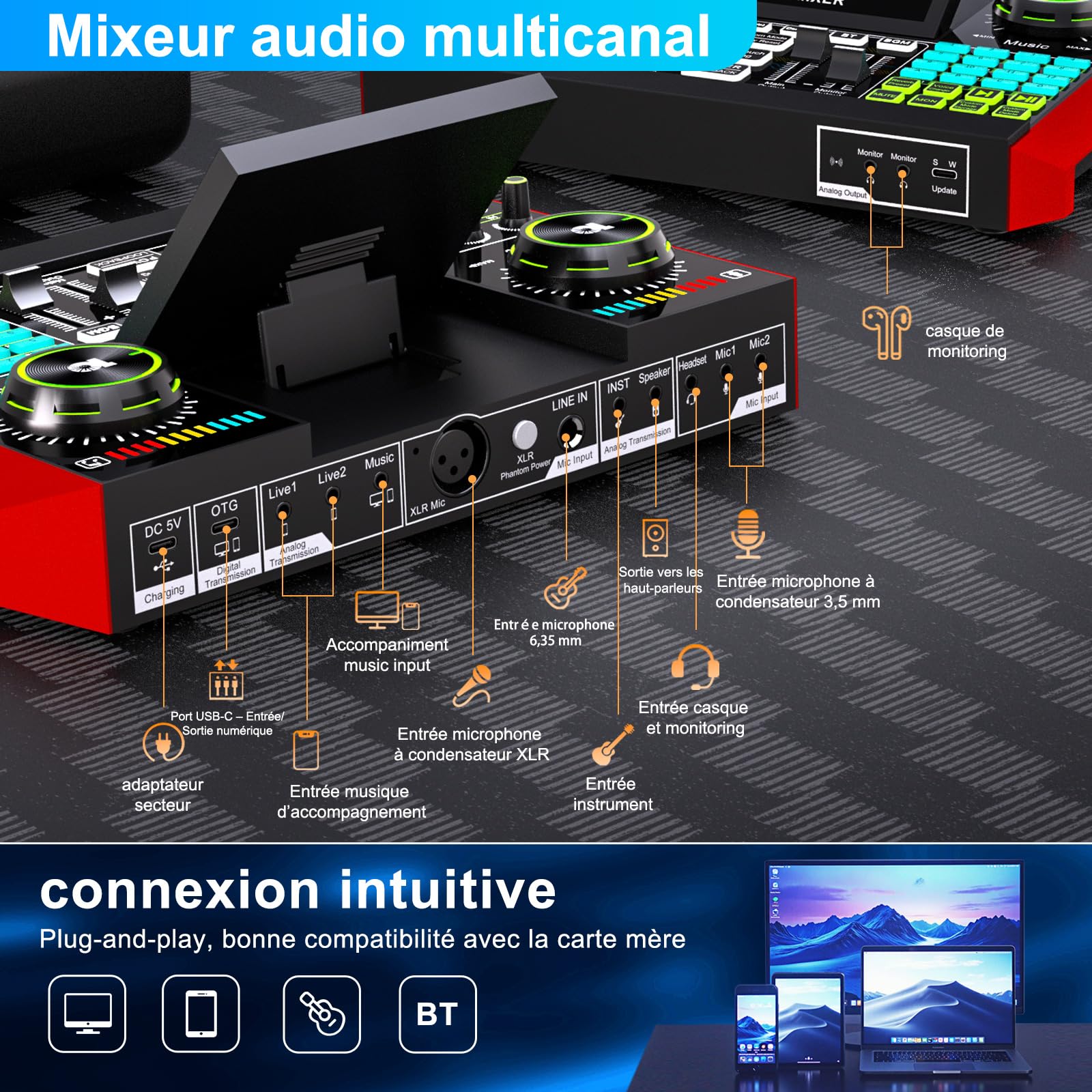 TENLAMP Kit Podcast avec Microphone Condensateur 3,5 mm et Table de Mixage Audio, Équipement Streaming avec Changeur de Voix, Réduction du Bruit pour Streaming, Gaming, Chant et Création de Contenu