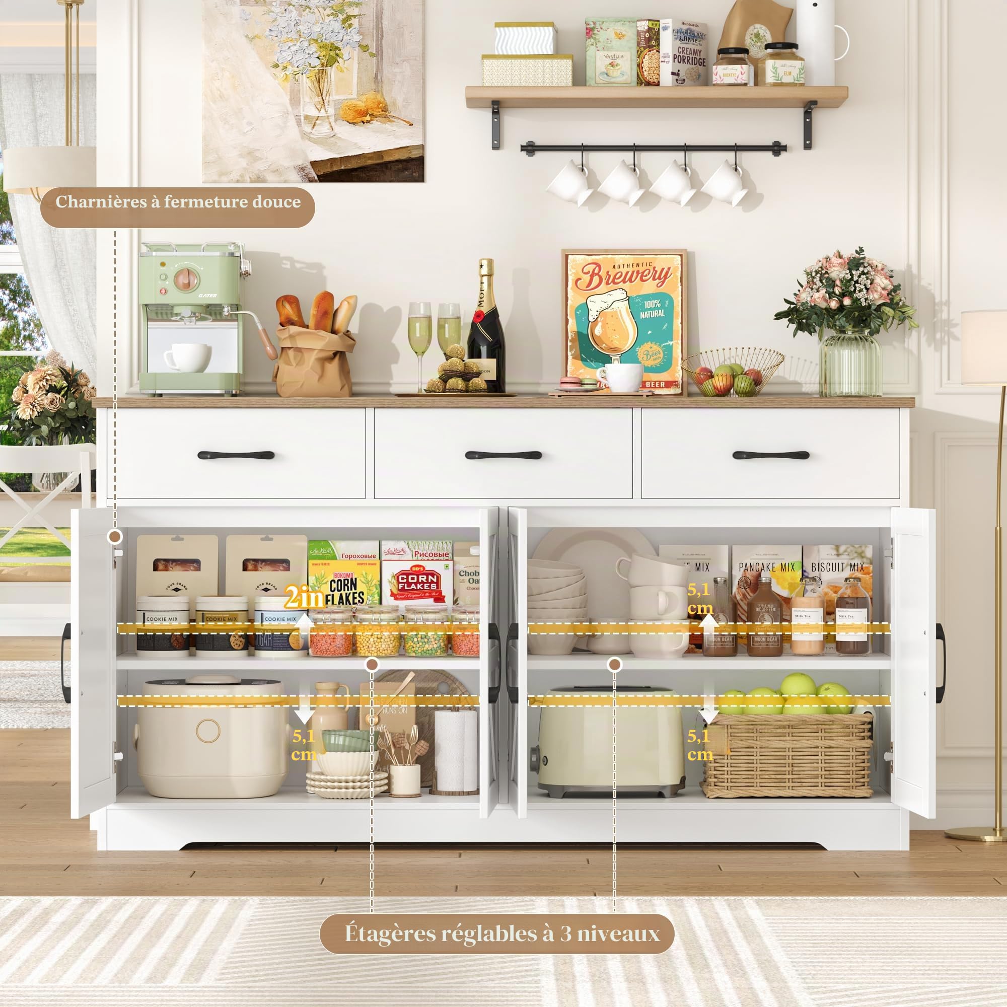 HOCSOK Buffet Cuisine, 150 cm Buffet Salle a Manger avec 3 Tiroirs 4 Portes, Meuble Cuisine Rangement avec Étagère Réglables, Meuble de pour Salon, Cuisine, Couloir, Blanc