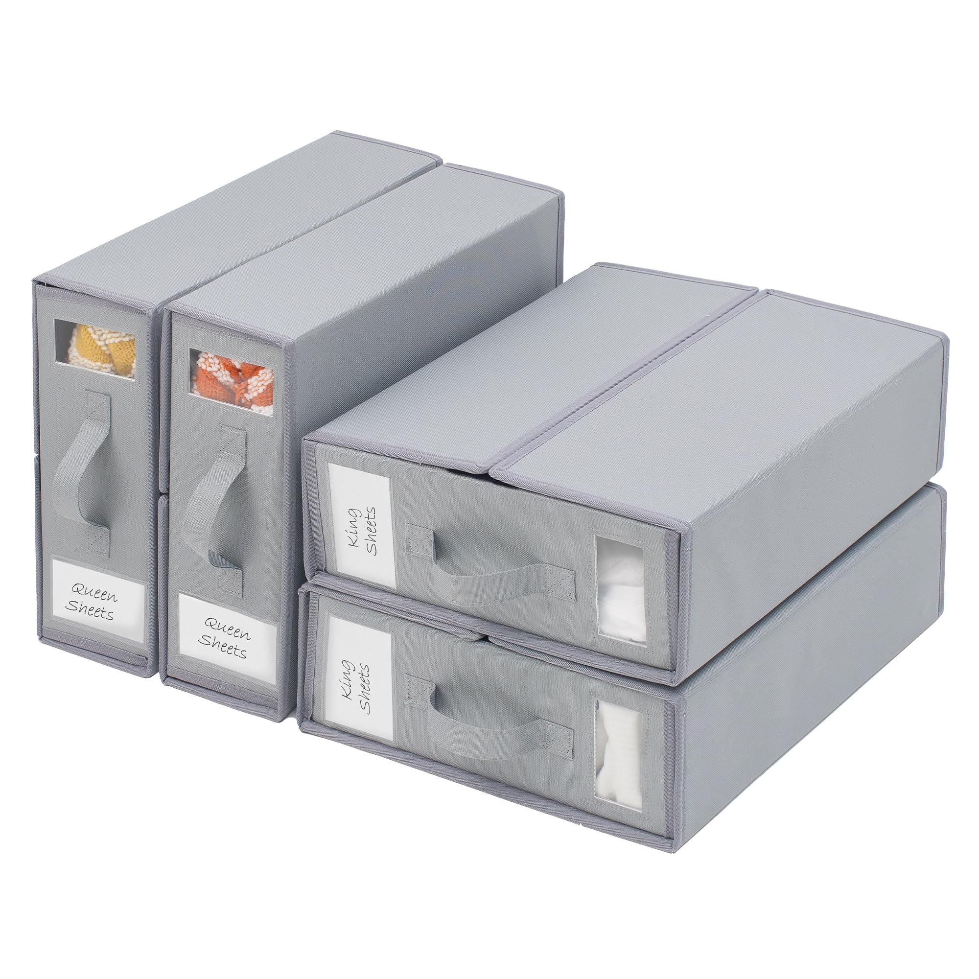 4 Pack Bed Sheet Organizers and Storage Foldable Box for Linen Closet, Oxford Cover (Queen & King Size) Bedding Set Containers for Blanket Comforter Pillow Cube with Window and Handle, Grey