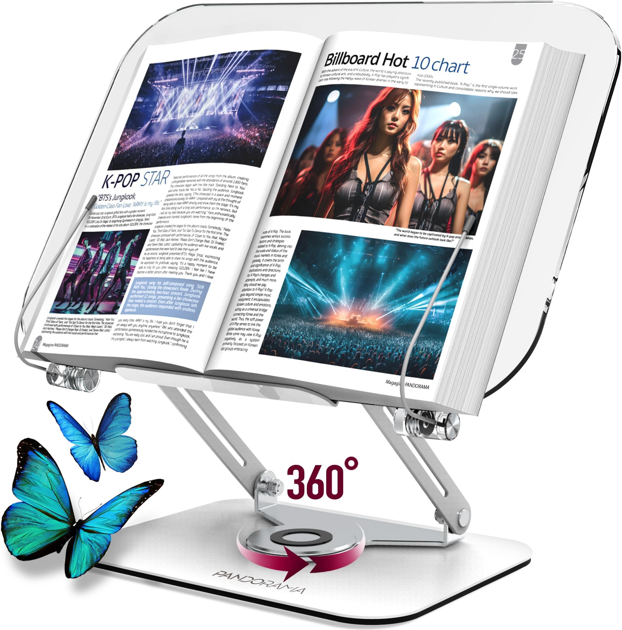 Acrylic Book Stand with 360° Rotating Body, Foldable Book Holder, Recipe and Laptop, Clear Stylish Ergonomic Design, Support up to 8.8 lb