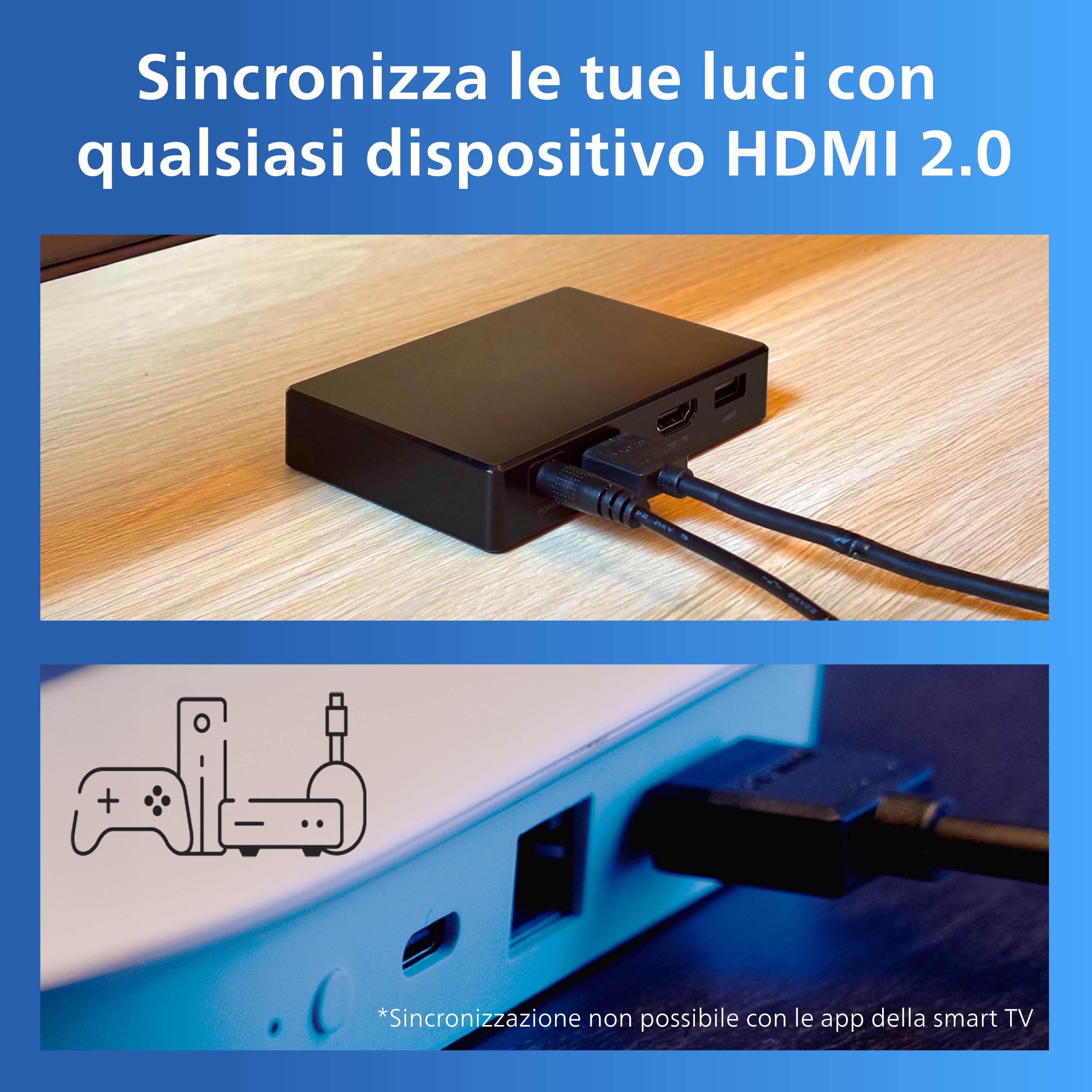 Philips Smart Lighting HDMI Sync Box, Striscia LED RGBIC per TV 55-65" | Luce dietro TV, Dimmerabile, Sincronizzazione con film e musica, HDMI 2.0 4K a 60 Hz, Smart Home, Compatibile con WiZ