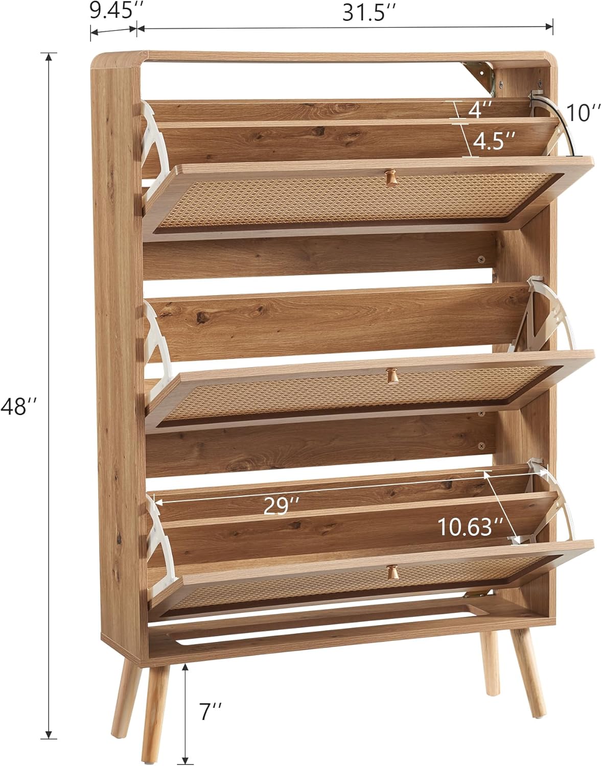 Shoe Storage Cabinet with 3 Flip Drawer Natural Rattan Shoe Cabinet Organizer Freestanding Wooden Shoe Rack Storage Cabinet with Metal Legs for Entryway Hallway Bedroom Mudroom (Natural Wood)