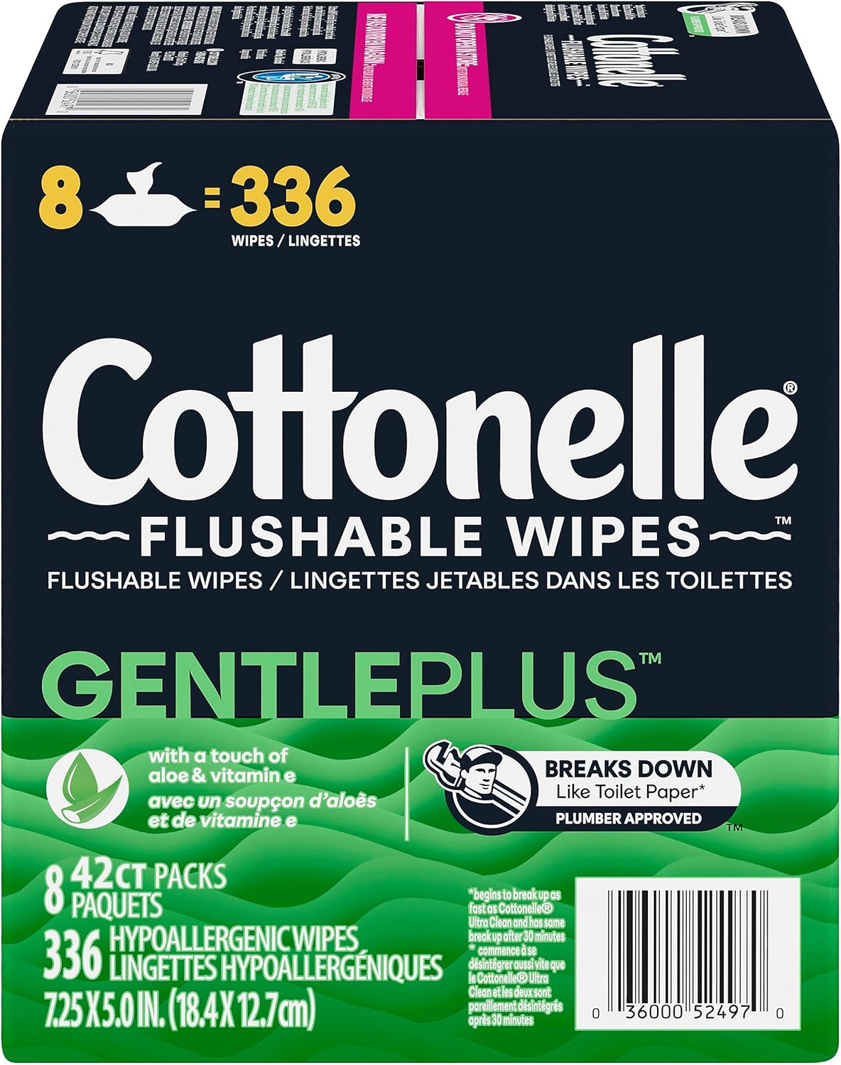 Cottonelle, GentlePlus Flushable Wet Wipes with Aloe & Vitamin E Adult Wet Wipes 8 Flip-Top Packs 336 Total Flushable Wipes, 8 Count