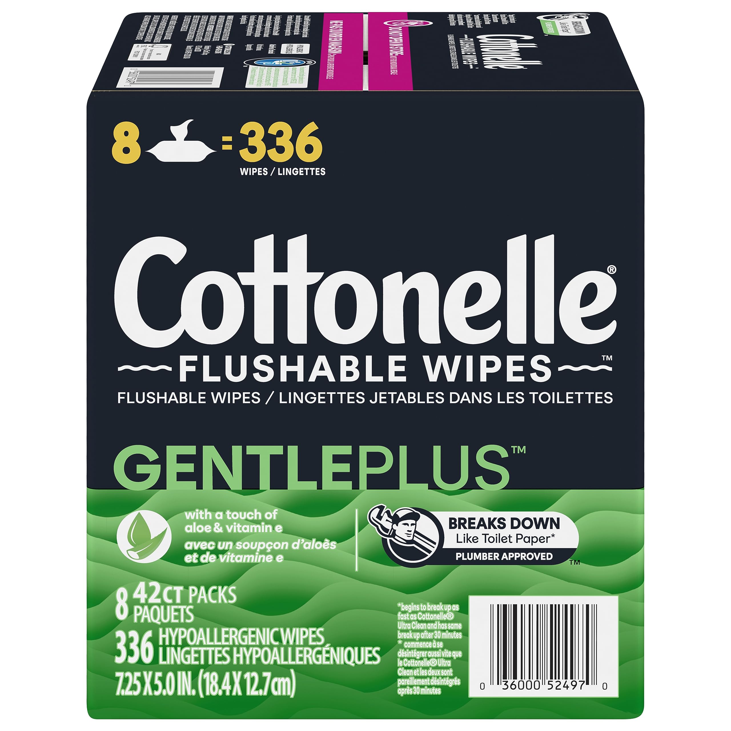 Photo 1 of Cottonelle, GentlePlus Flushable Wet Wipes with Aloe & Vitamin E Adult Wet Wipes 8 Flip-Top Packs 336 Total Flushable Wipes, 8 Count