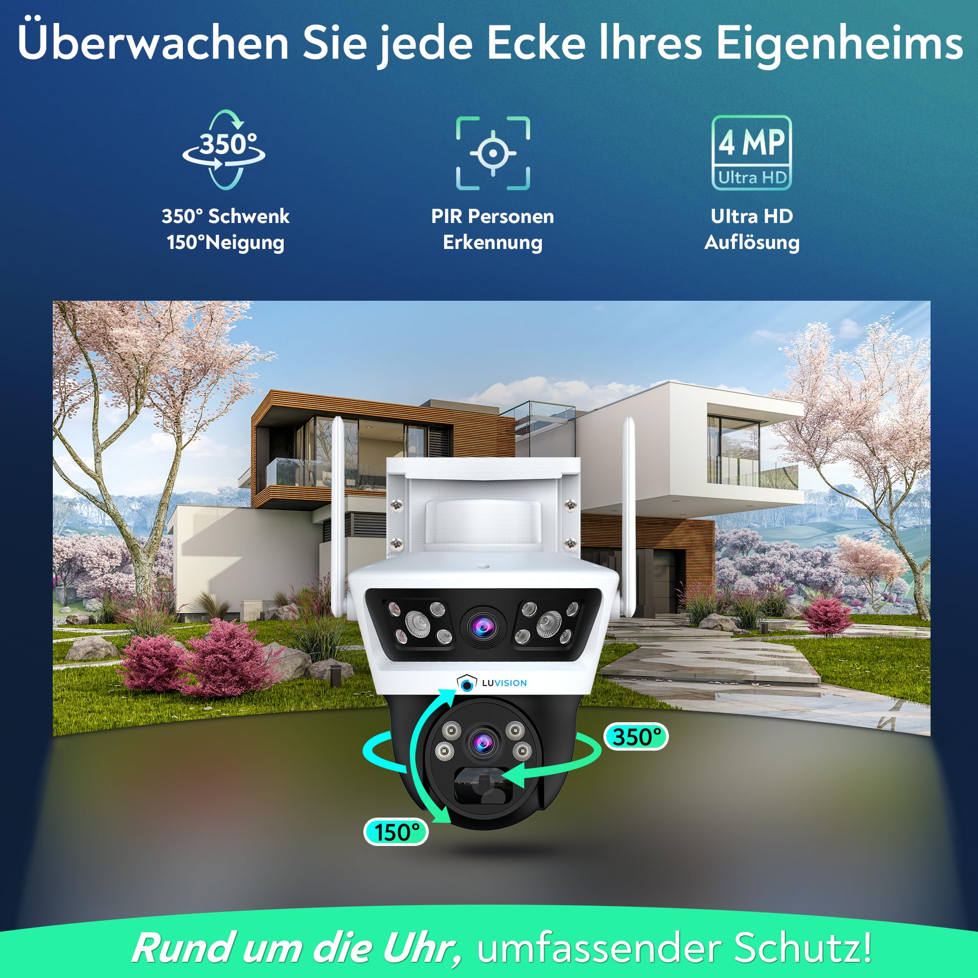 4G LTE【Doppeltes Objektiv】PTZ Solar Überwachungskamera mit SIM Karte außen, 7W Solarpanel, 18000mAh Akku 4MP, 2-Wege Audio, KI Bewegungserkennung, Farb Nachtsicht, Auto Tracking AOV 24/7 Daueraufnahme