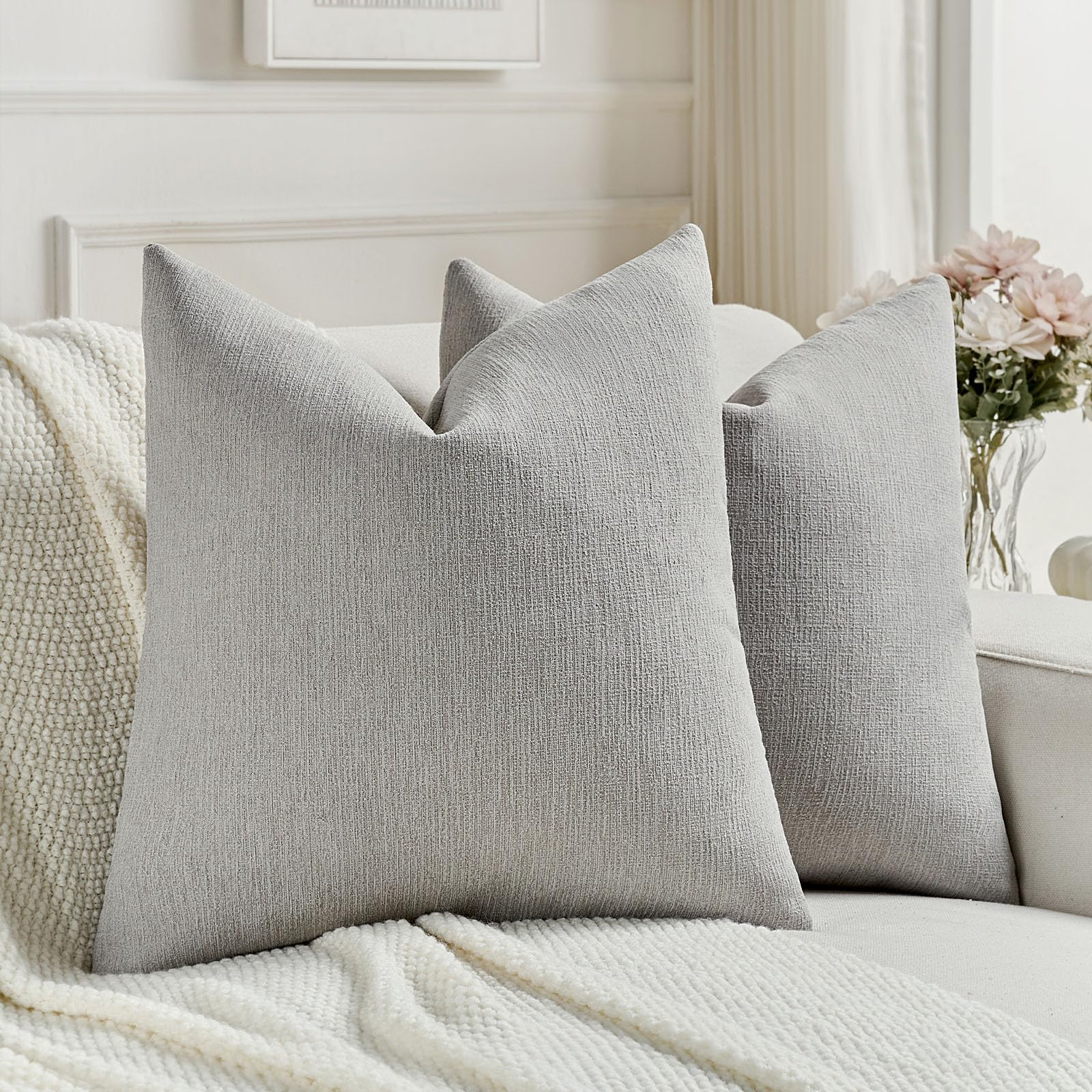 FUTEI Set of 2 Soft Chenille 45x45 cm Cushion Covers Textured Natural Faux Linen Scatter Pillow Covers 45 x 45 cm Farmhouse Accent for Sofa Bedroom Living Room, Light Grey — image 1