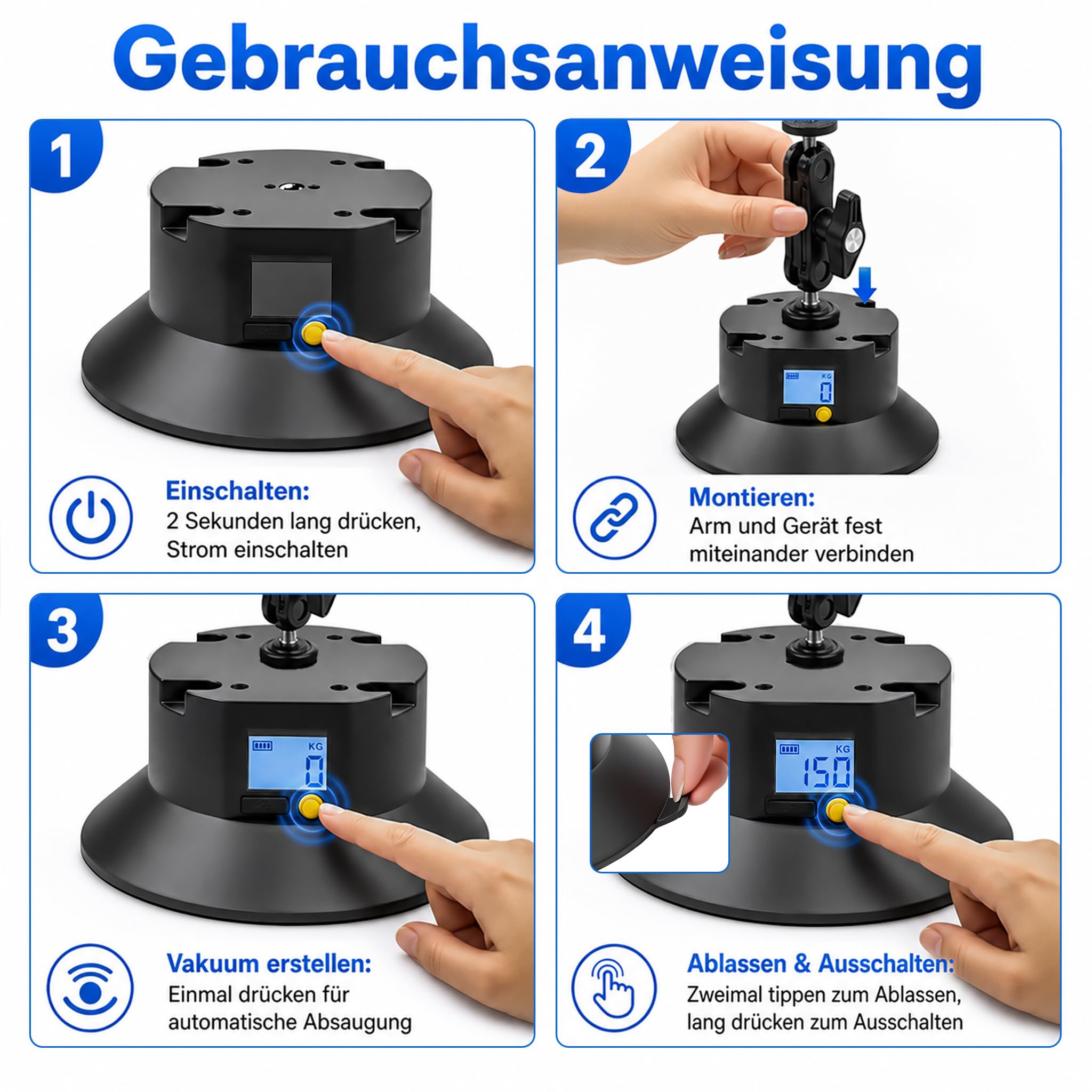 Elektrische Kamera Halterung mit Saugnapf und Aluminium Magic Arm | Kamera Saugnapfhalterung mit Kugelkopf Magic Arm,1/4″Schraube,2000 mAh,Auto-Nachsauge,Typ-C,Auto Halterung für Action-Kameras