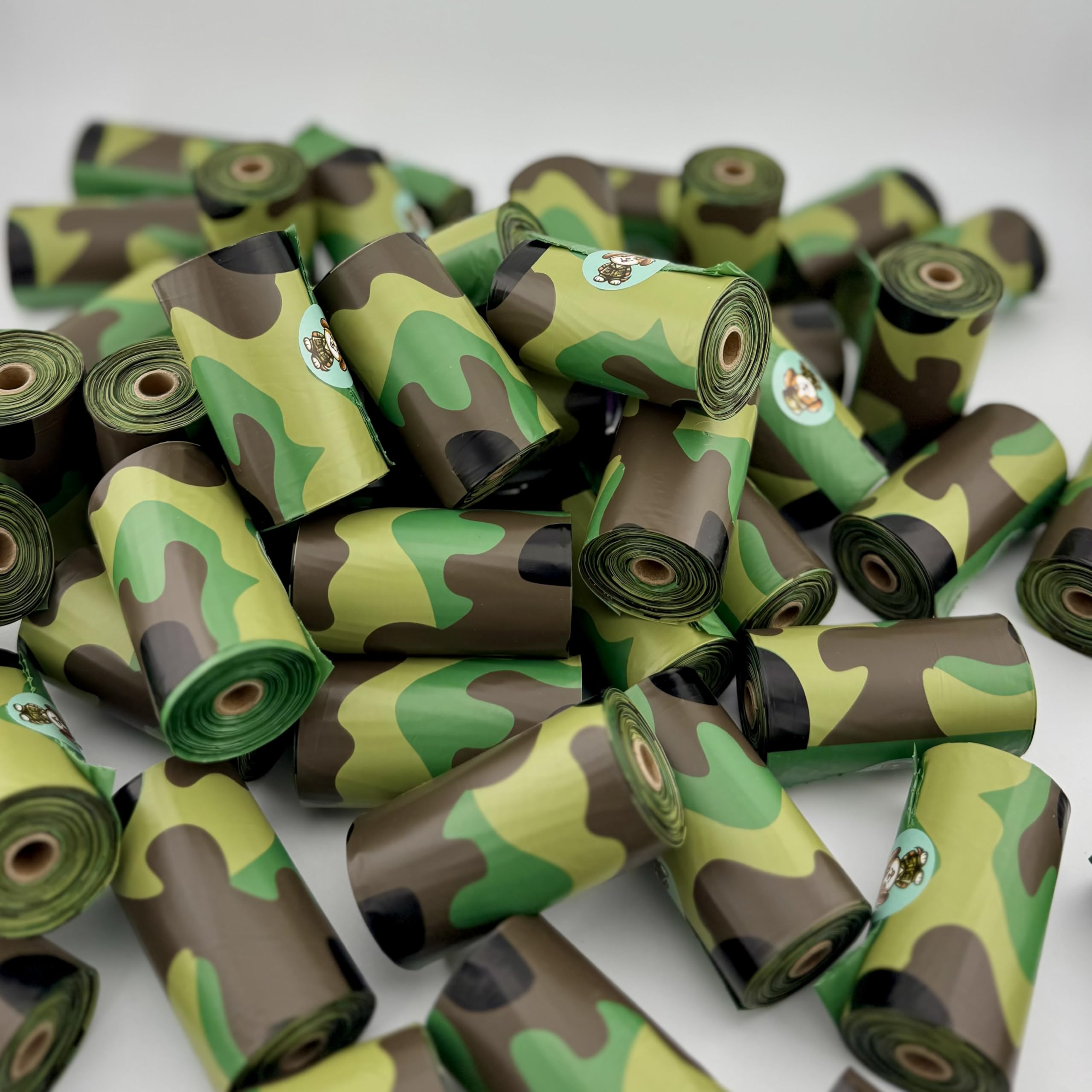 Camo Bags - Pet poop bags with a camouflage pattern. Dog poop bags rolls for dog walking, dog parks, and the yard.