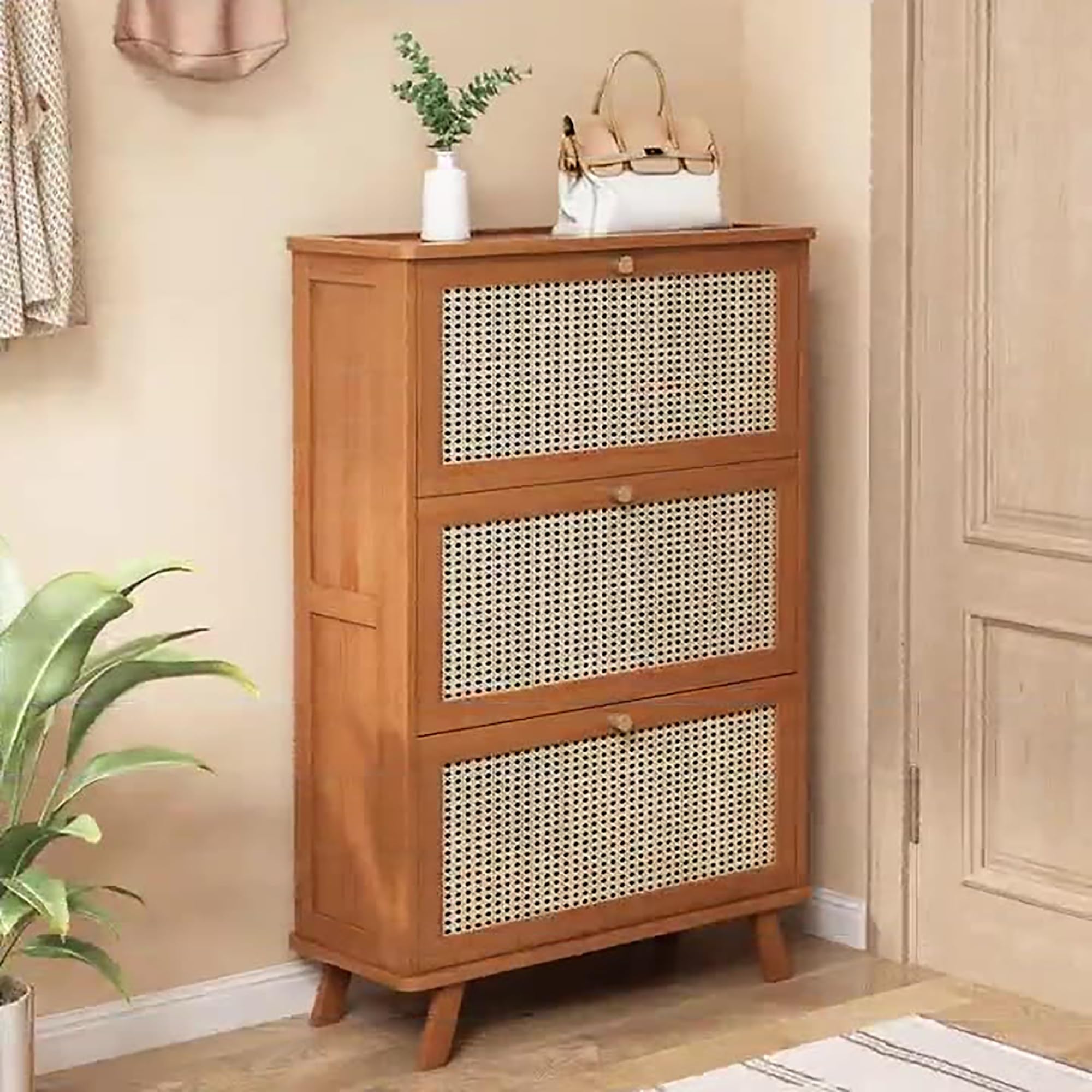Meuble à chaussures étroit en bois marron et rotin à tiroirs rabattables
