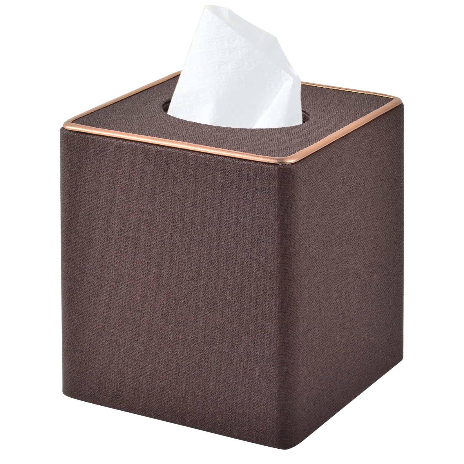 Linen Square Tissue Box Cover,Cube Tissue Box Holder－Excellent Rosegold Leather Decoration,Table Napkin Case Dispenser,Facial Tissues Organizer with Magnetic Bottom for Home Office Car(Coffee)
