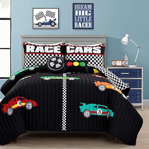 Lush Decor Racing Cars - Juego de edredón de 5 piezas, matrimonialqueen, color negro