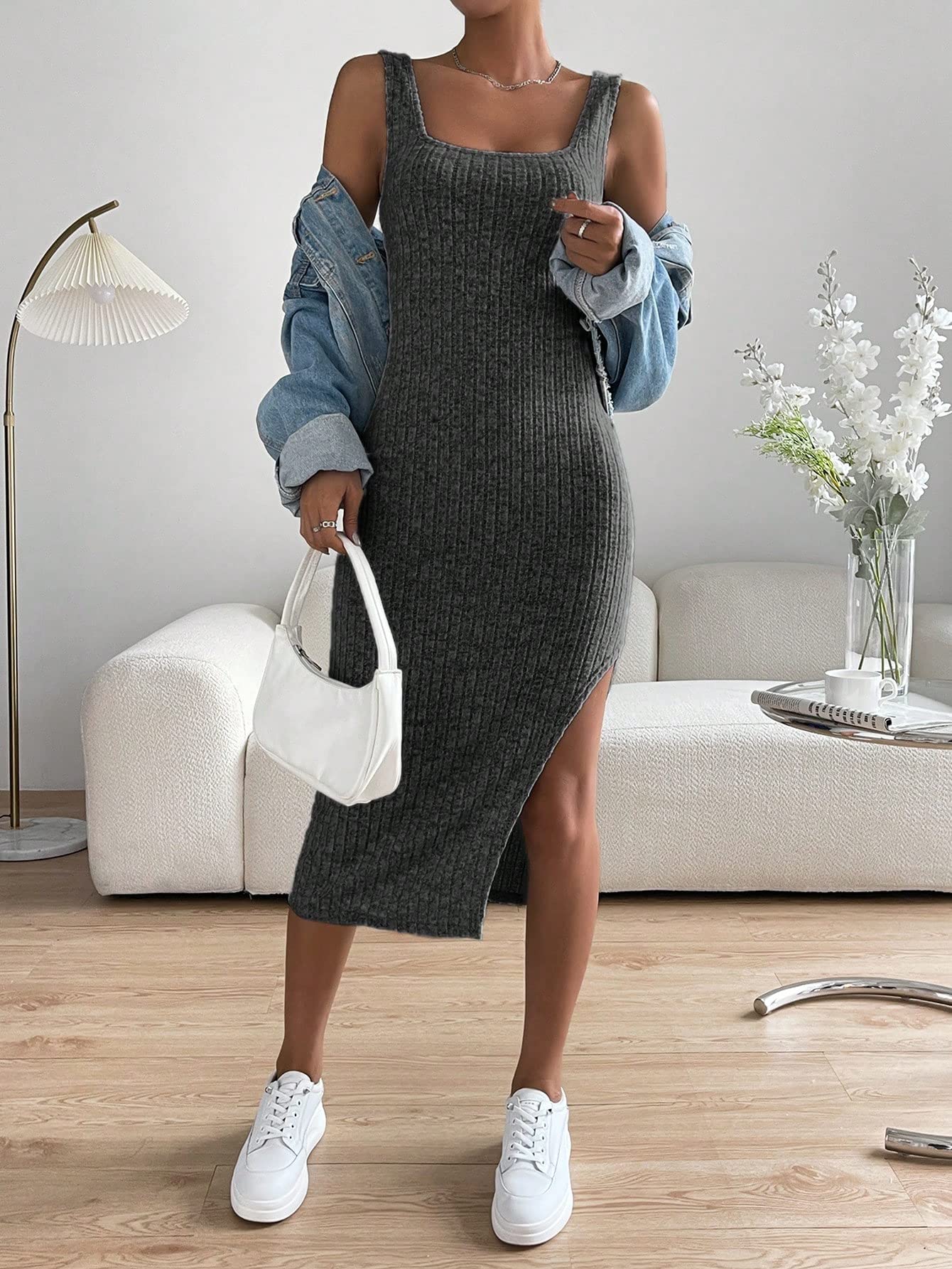 Amazon.com: Neeno Women's Dresses Solid Split Thigh Tank Dress Dress for  Women (Color : Dark Grey, Size : Large) : Clothing, Shoes & Jewelry